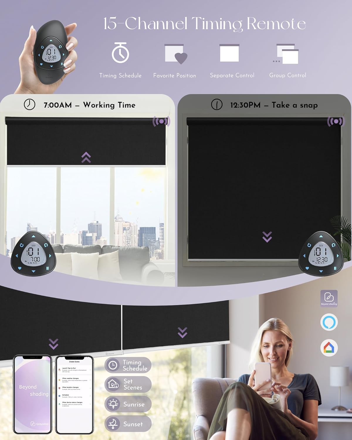 Graywind Smart Roller Shades with Alexa Google Compatibility and 100 Blackout Fabric