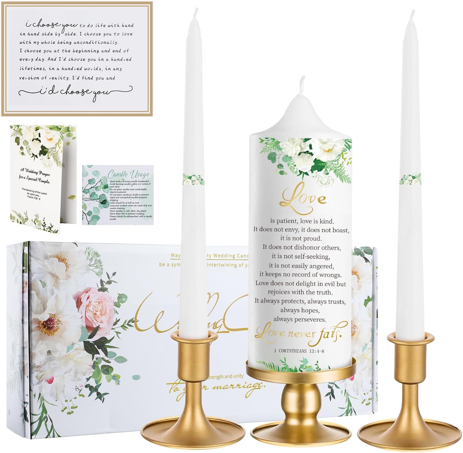 Extrogif Unity Wedding Candle Set - 3 Floral Candles with Gold Holders