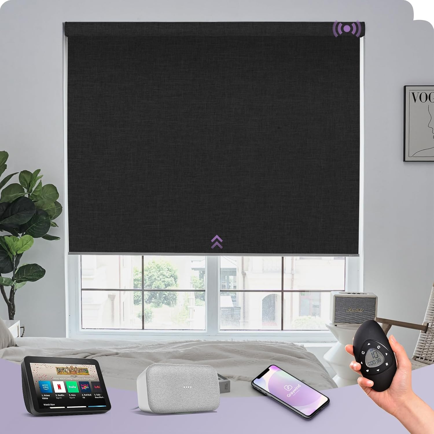 Graywind Smart Roller Shades with Alexa Google Compatibility and 100 Blackout Fabric