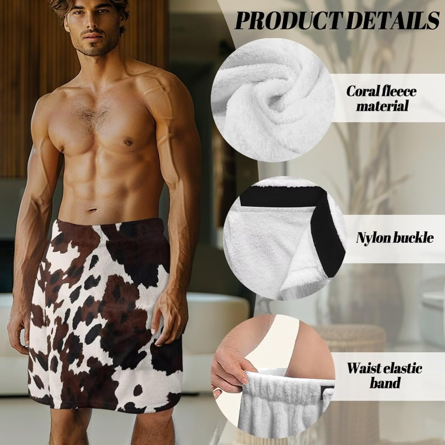 Cow Print Towel Wrap for Men Quick Dry Microfiber Spa Sauna Wrap