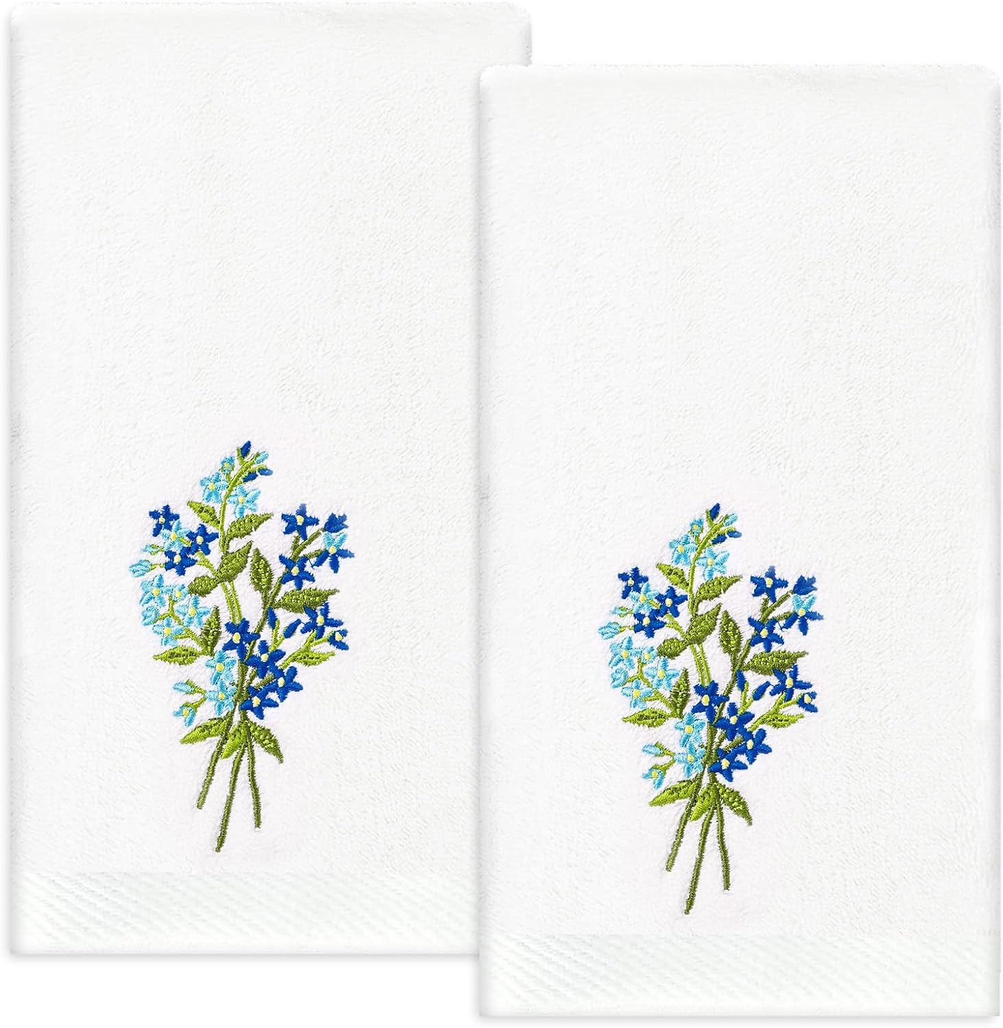 2Pcs Blue Floral Hand Towels with Forget-me-not Embroidery