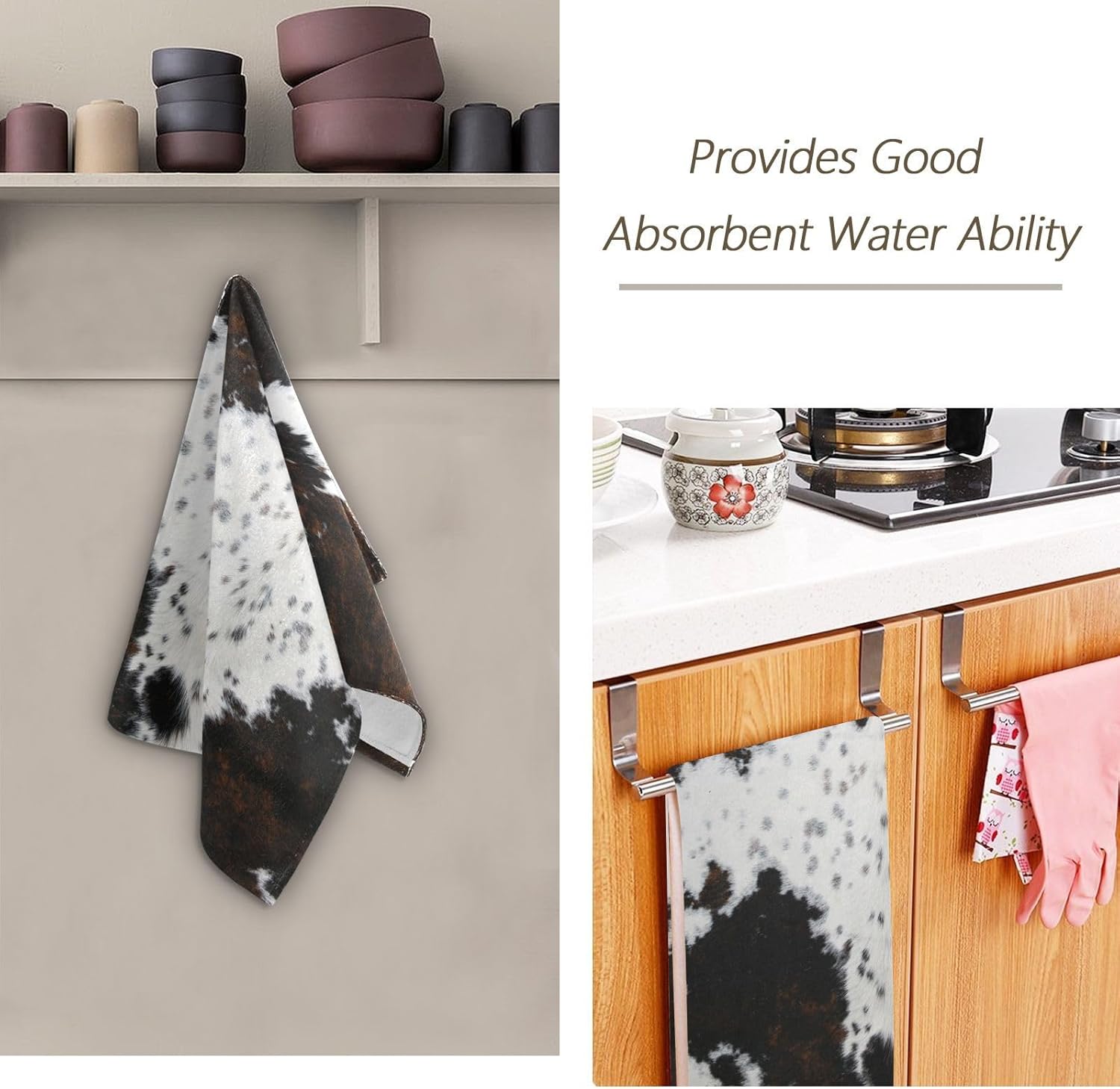 COVASA 2 Pack Cow Print Hand Towels for Bathroom and Kitchen
