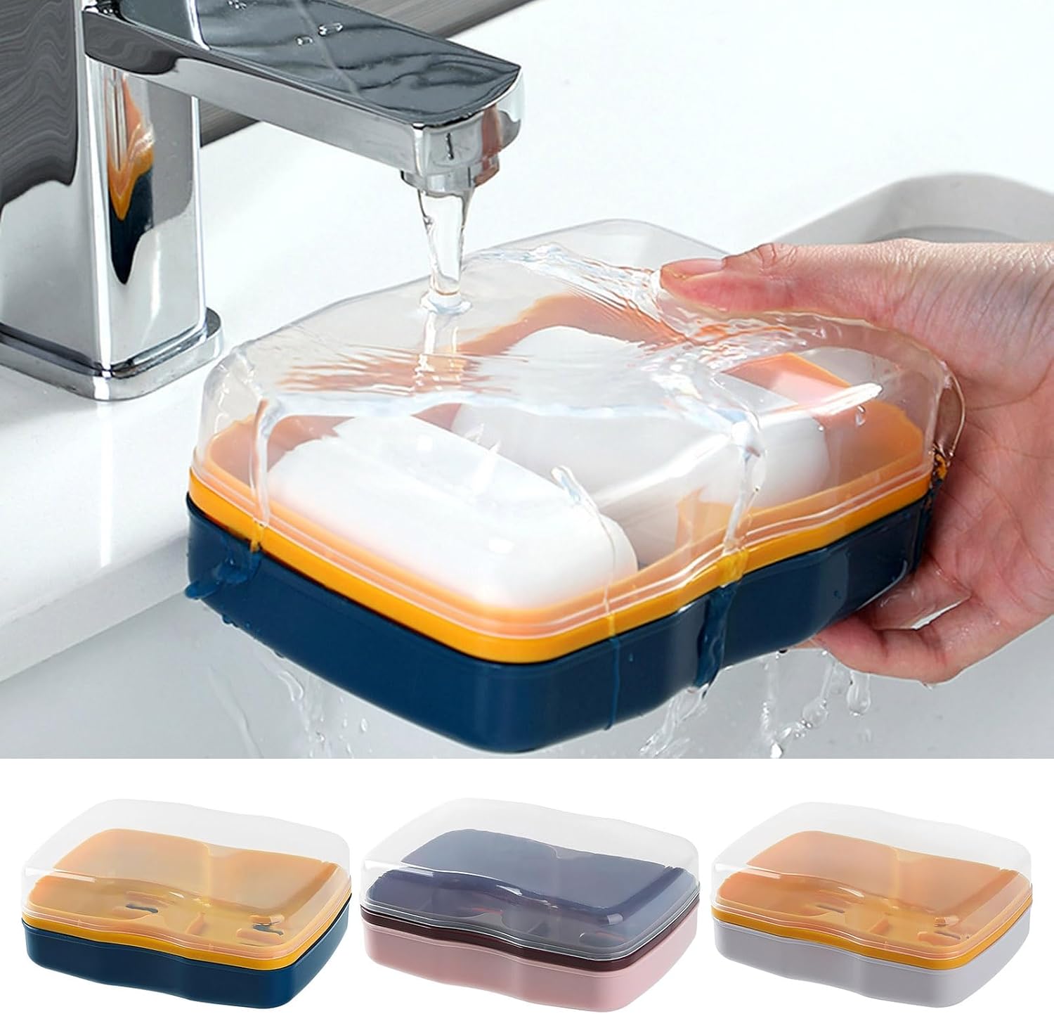 Curfair Soap Dishes Dual Compartments Clear Lid Grey 1