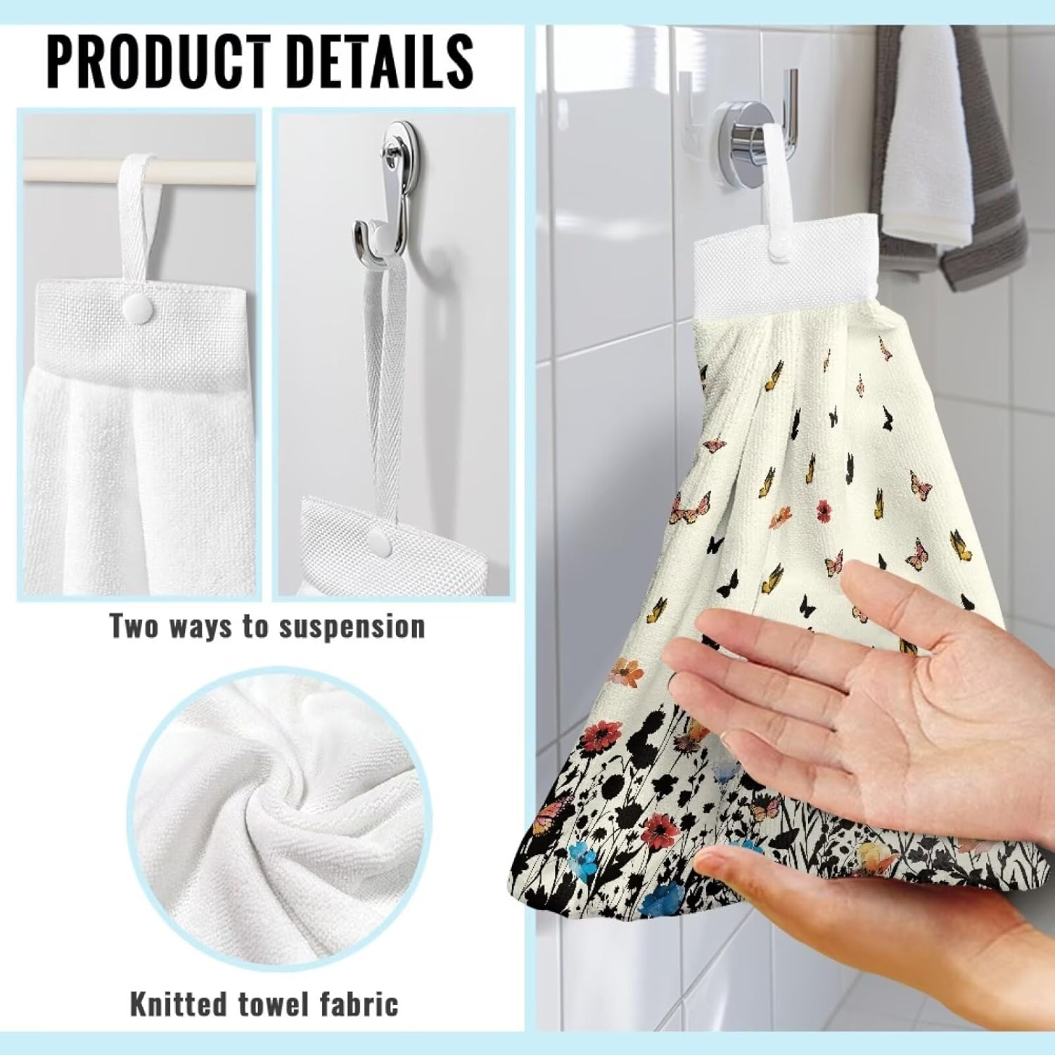 Hand Towels with Hanging Loops and Button Floral Design