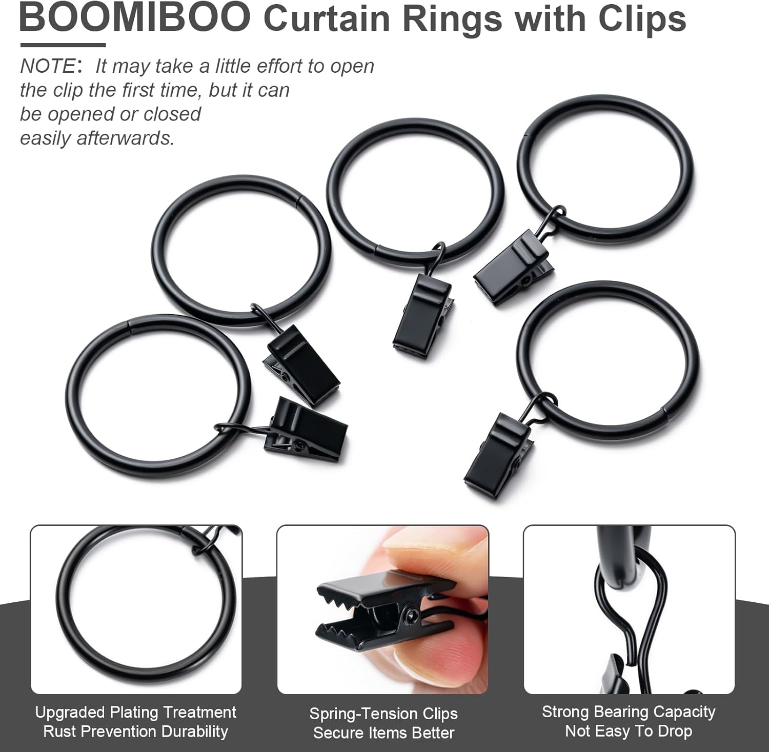 BOOMIBOO 36 Pack Curtain Rings with Clips