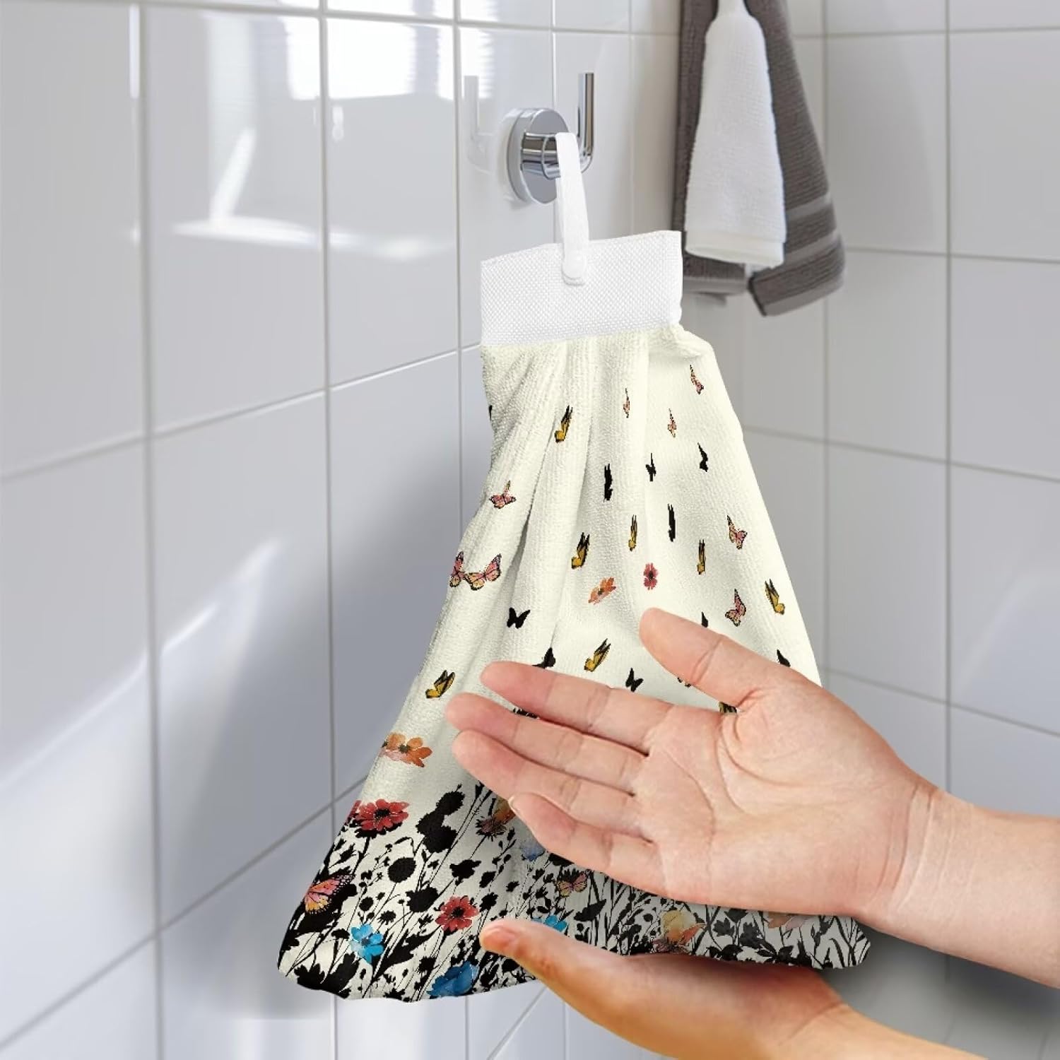 Hand Towels with Hanging Loops and Button Floral Design