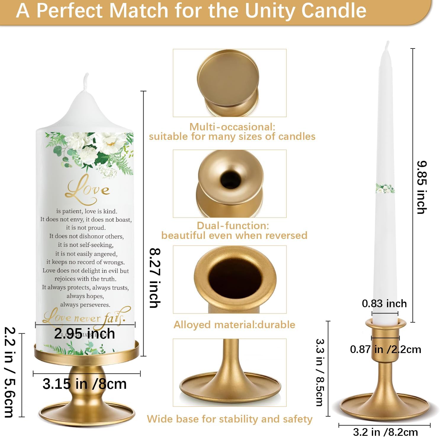Extrogif Unity Wedding Candle Set - 3 Floral Candles with Gold Holders