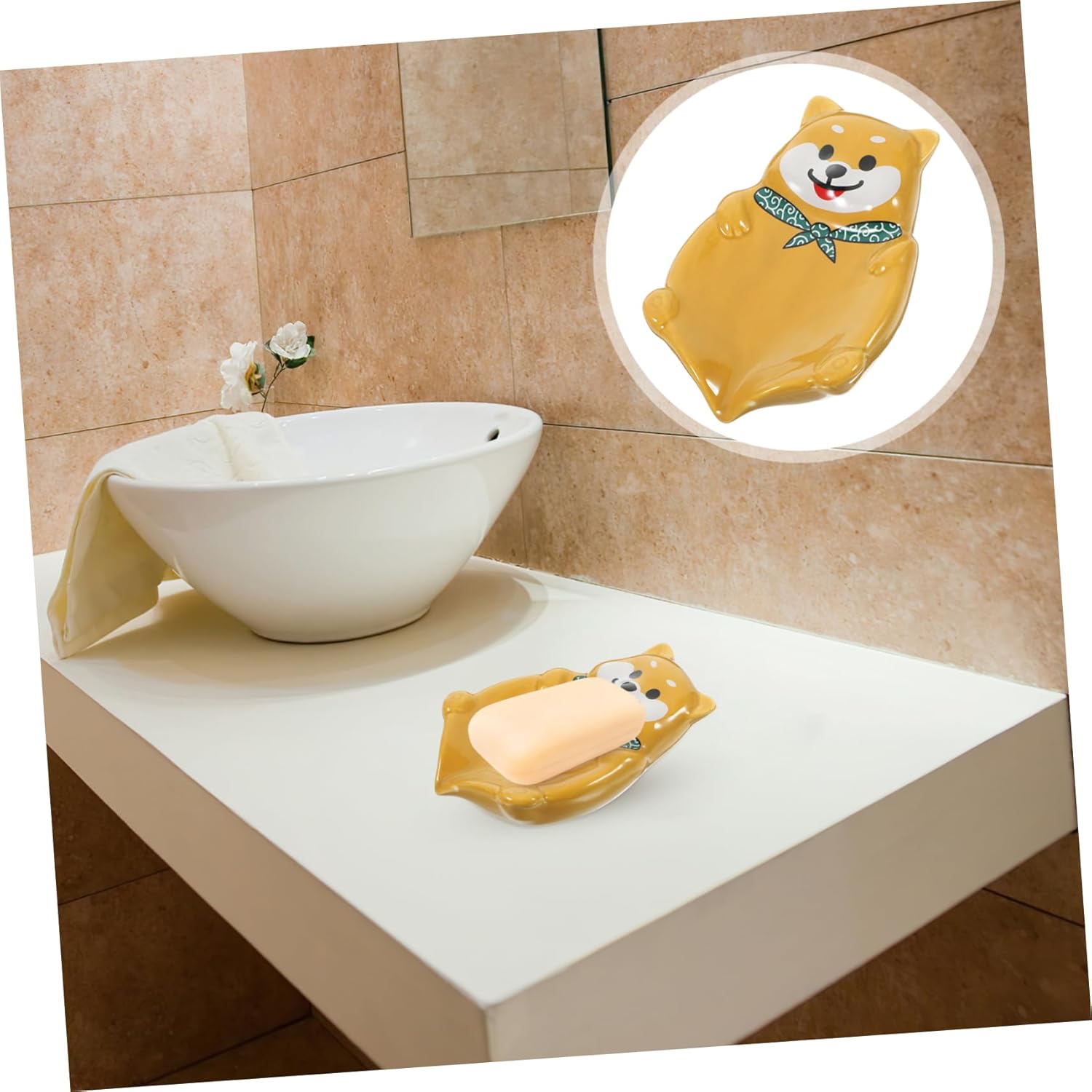 Wakauto Dog Shape Ceramic Soap Dish for Bathroom Decor