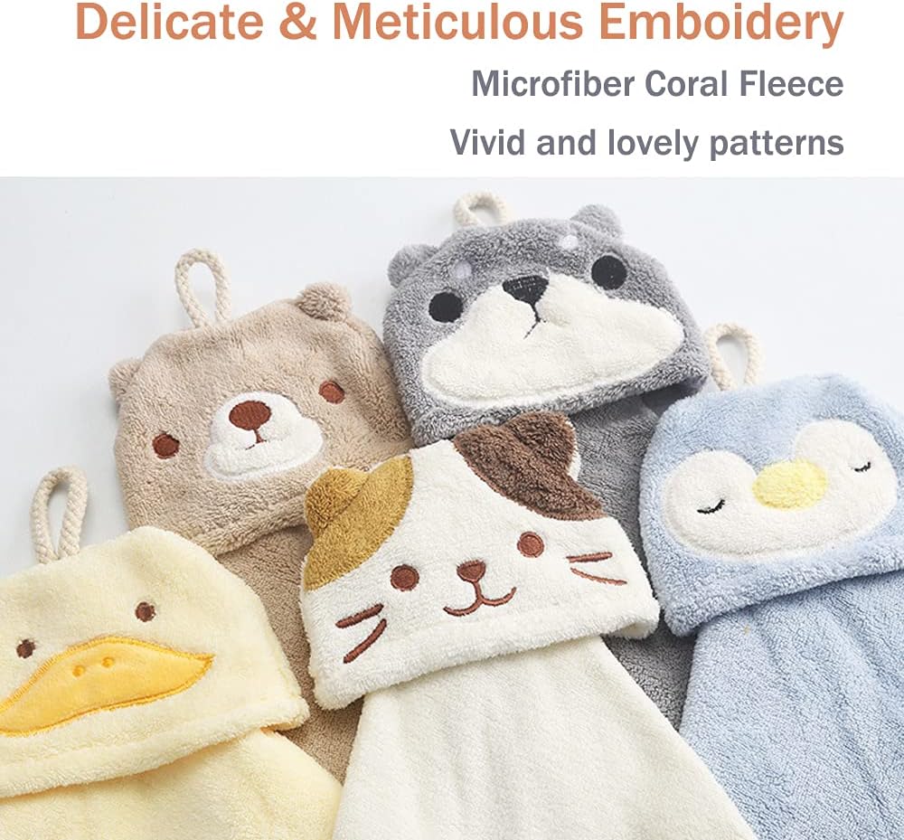 5 Pack Cute Animal Hand Towels with Hanging Loop