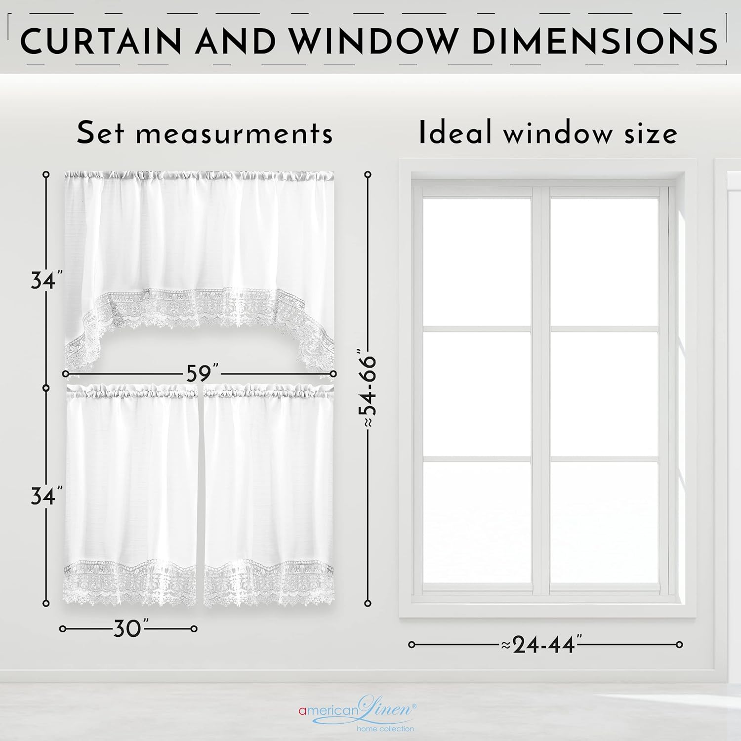 American Linen 3-Piece Caf Curtains with Valance and Lace Border