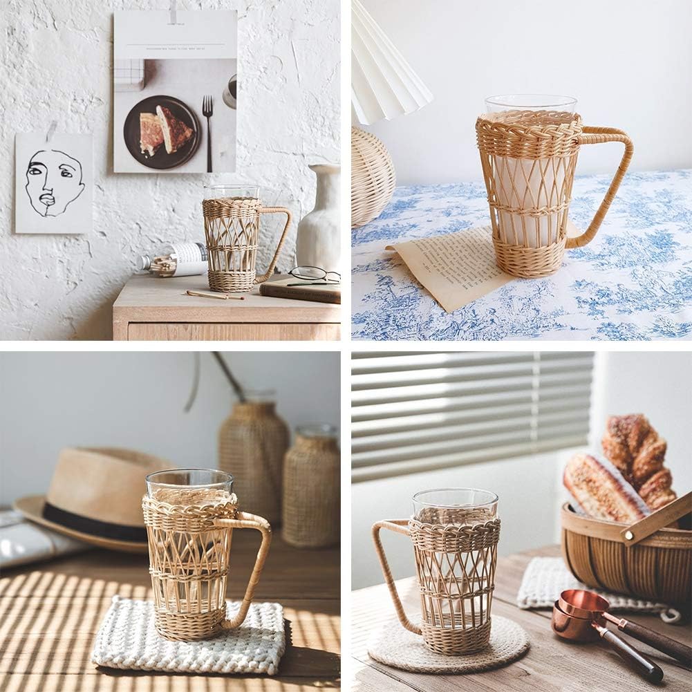Ochine Wicker Cup Holder with Handle Heat Resistant Rattan Pencil Pen Holder