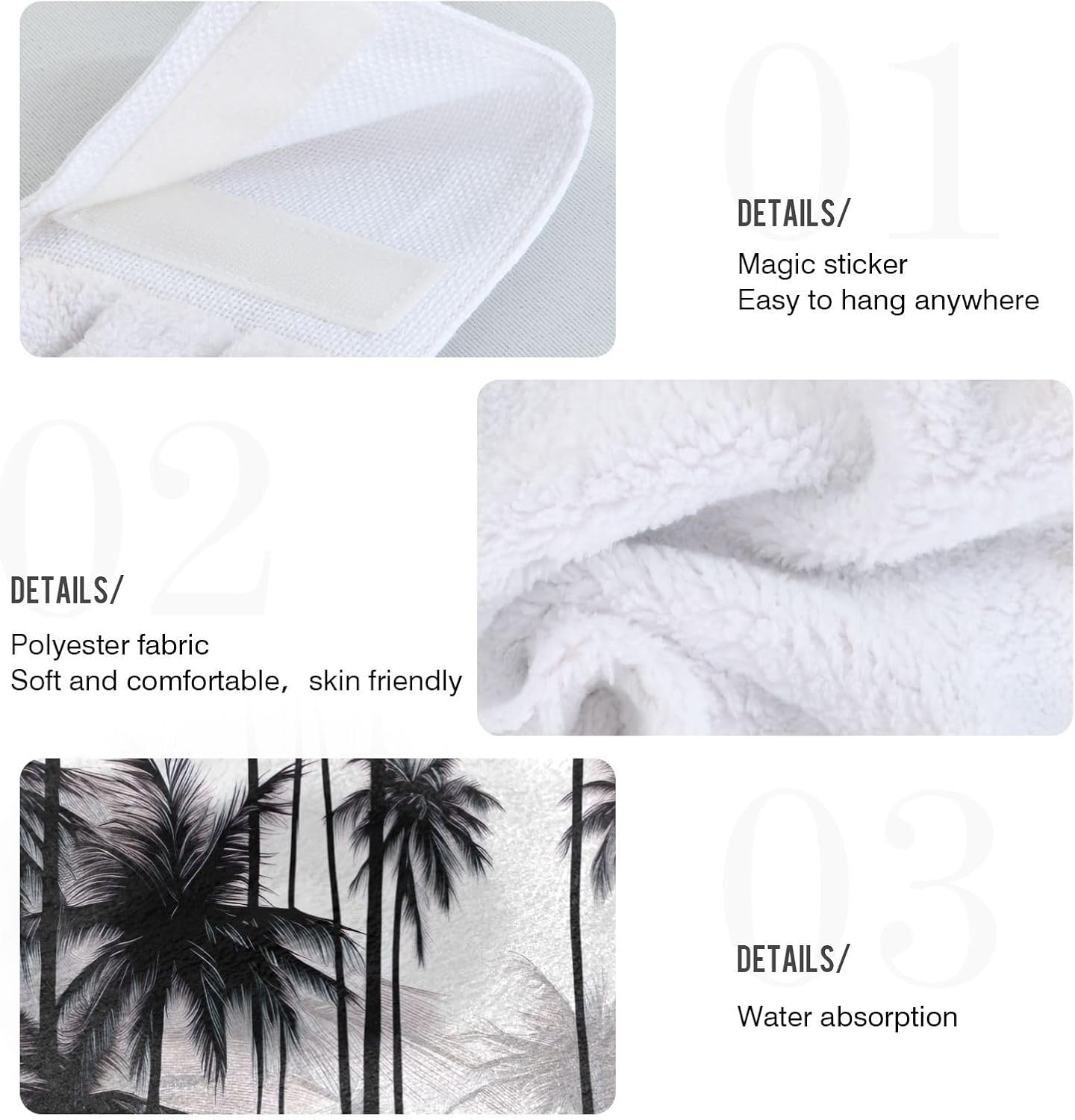 RPLIFE Bath Towels with Loops Set of 2 Black White Palm Trees 1