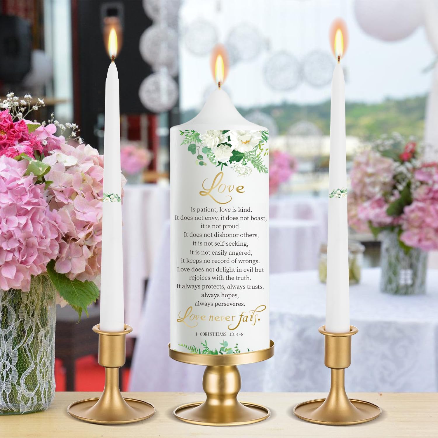 Extrogif Unity Wedding Candle Set - 3 Floral Candles with Gold Holders