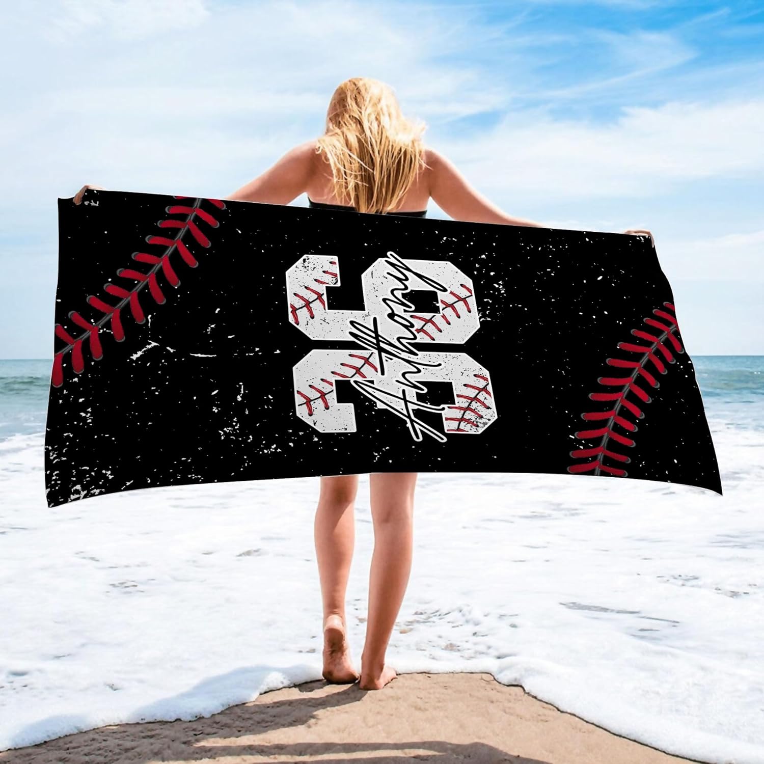 Personalized Baseball Beach Towel with Name and Number