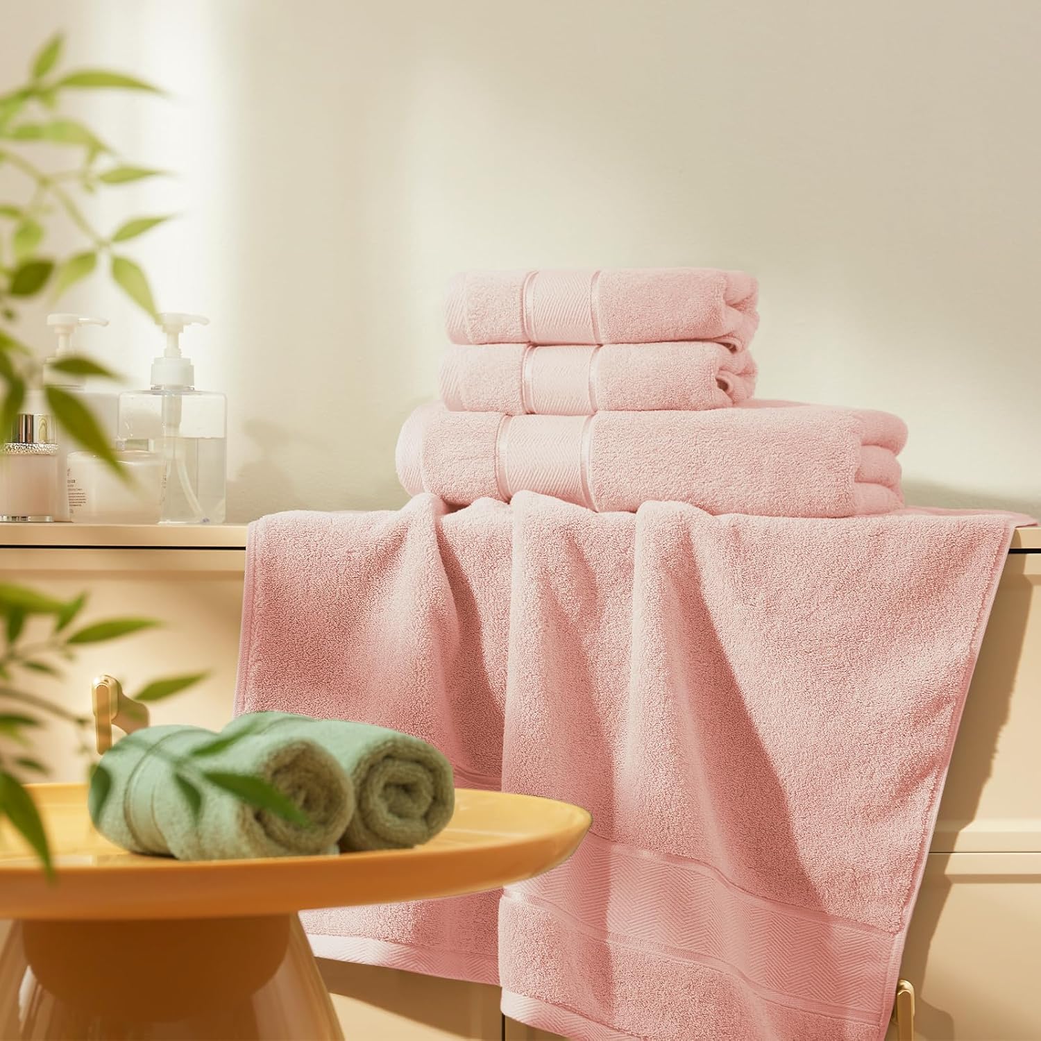 Marvione 6-Piece Bath Towel Set Pink Turkish Cotton