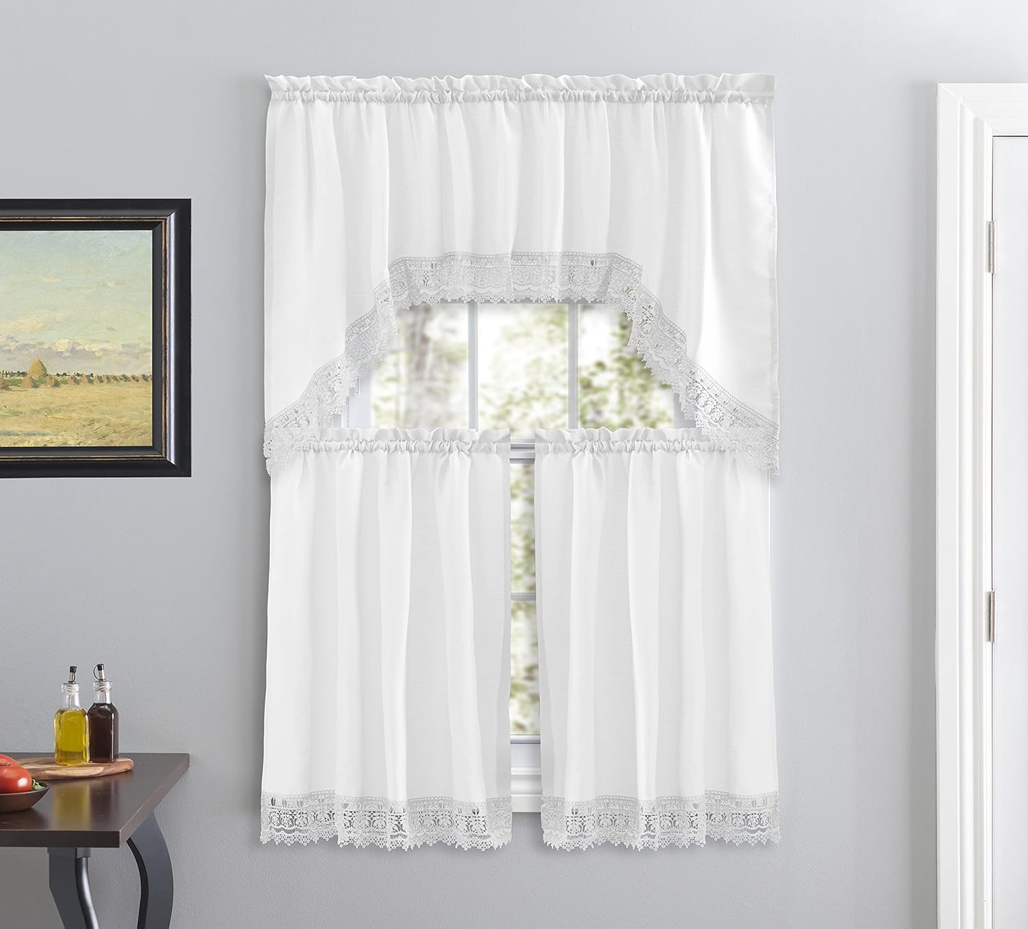 American Linen 3-Piece Caf Curtains with Valance and Lace Border