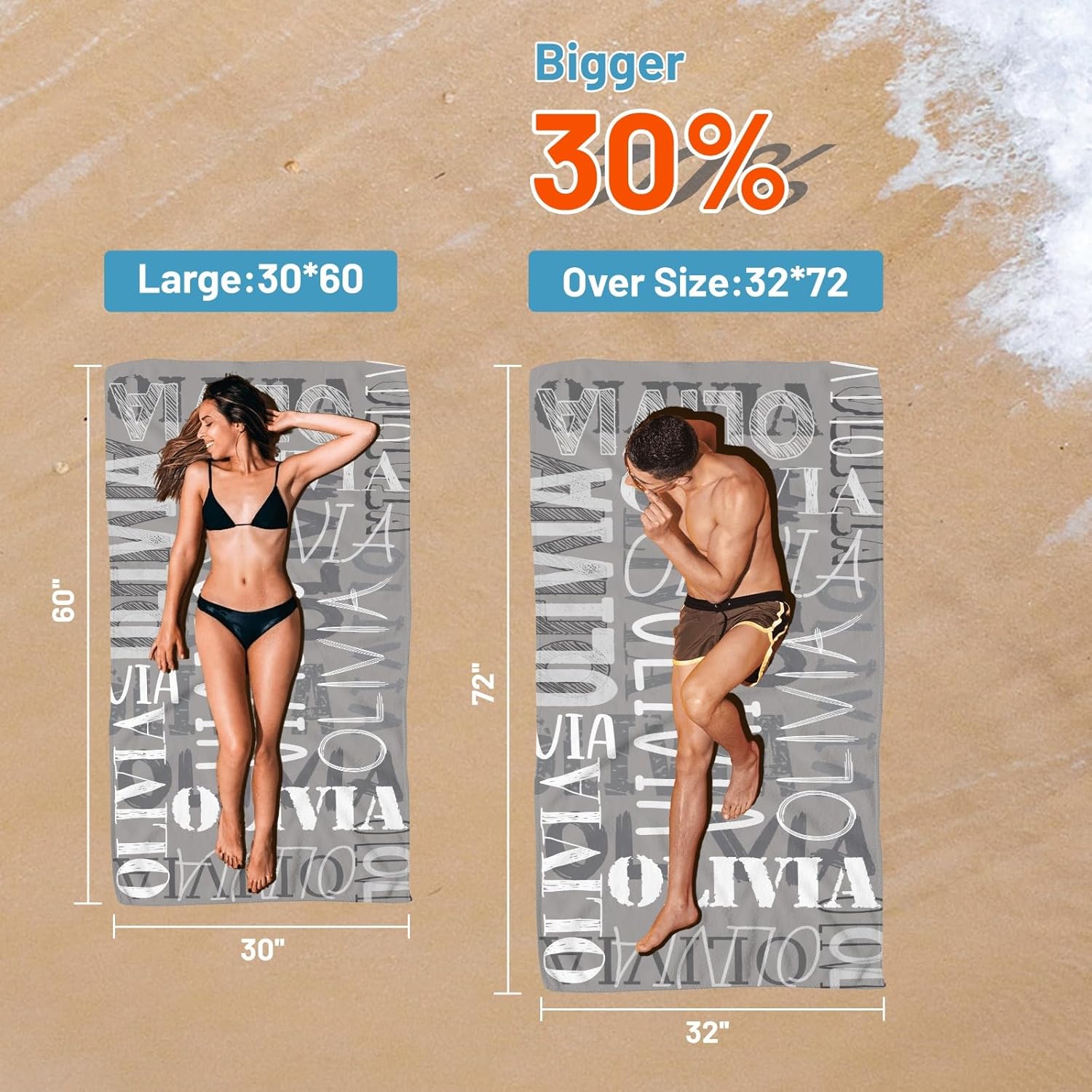 Custom Beach Towel with Names - Grey Oversized 32x72 1