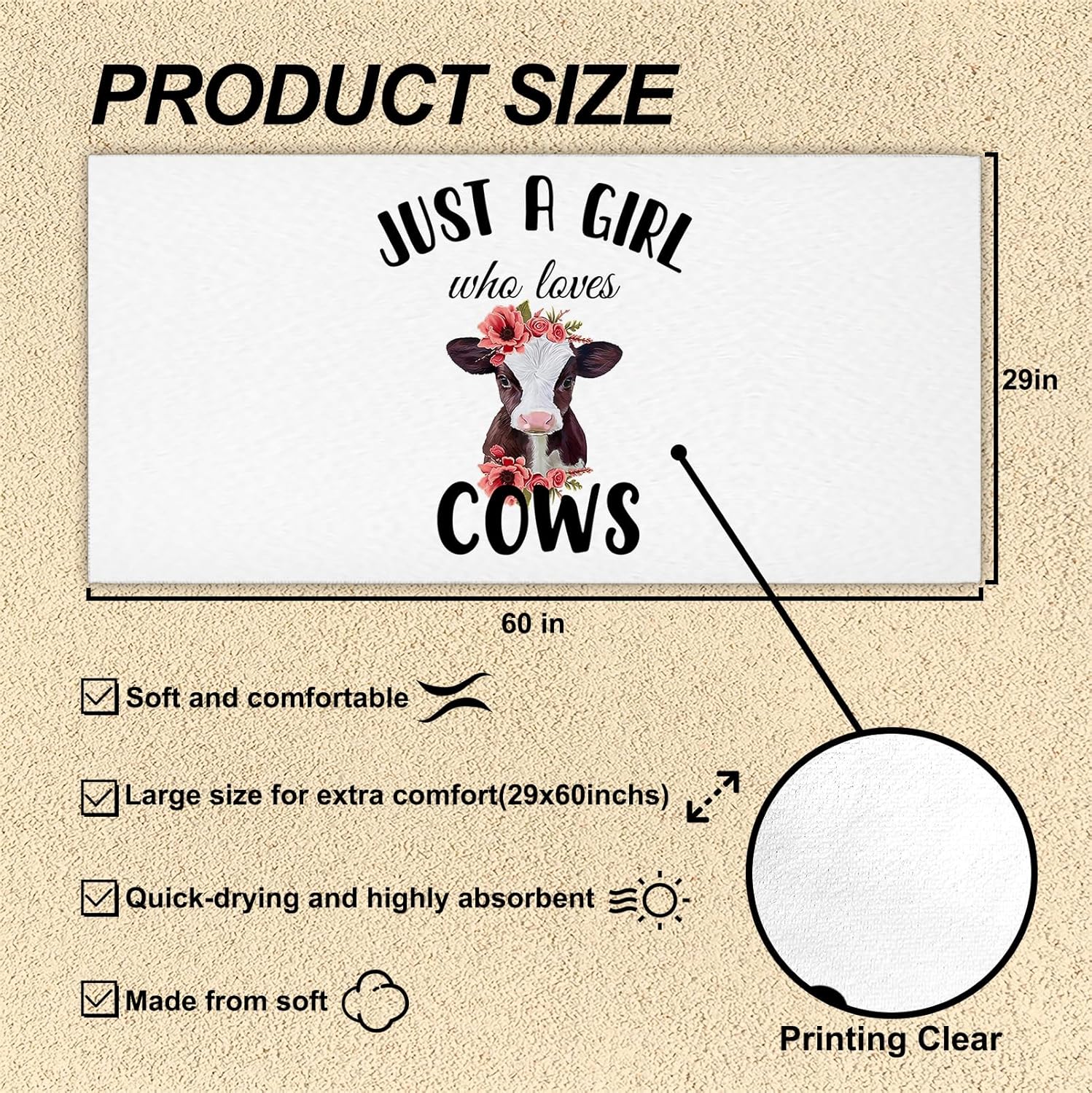 Tzhim Floral Cow Beach Towel 29x60in for Adults and Kids