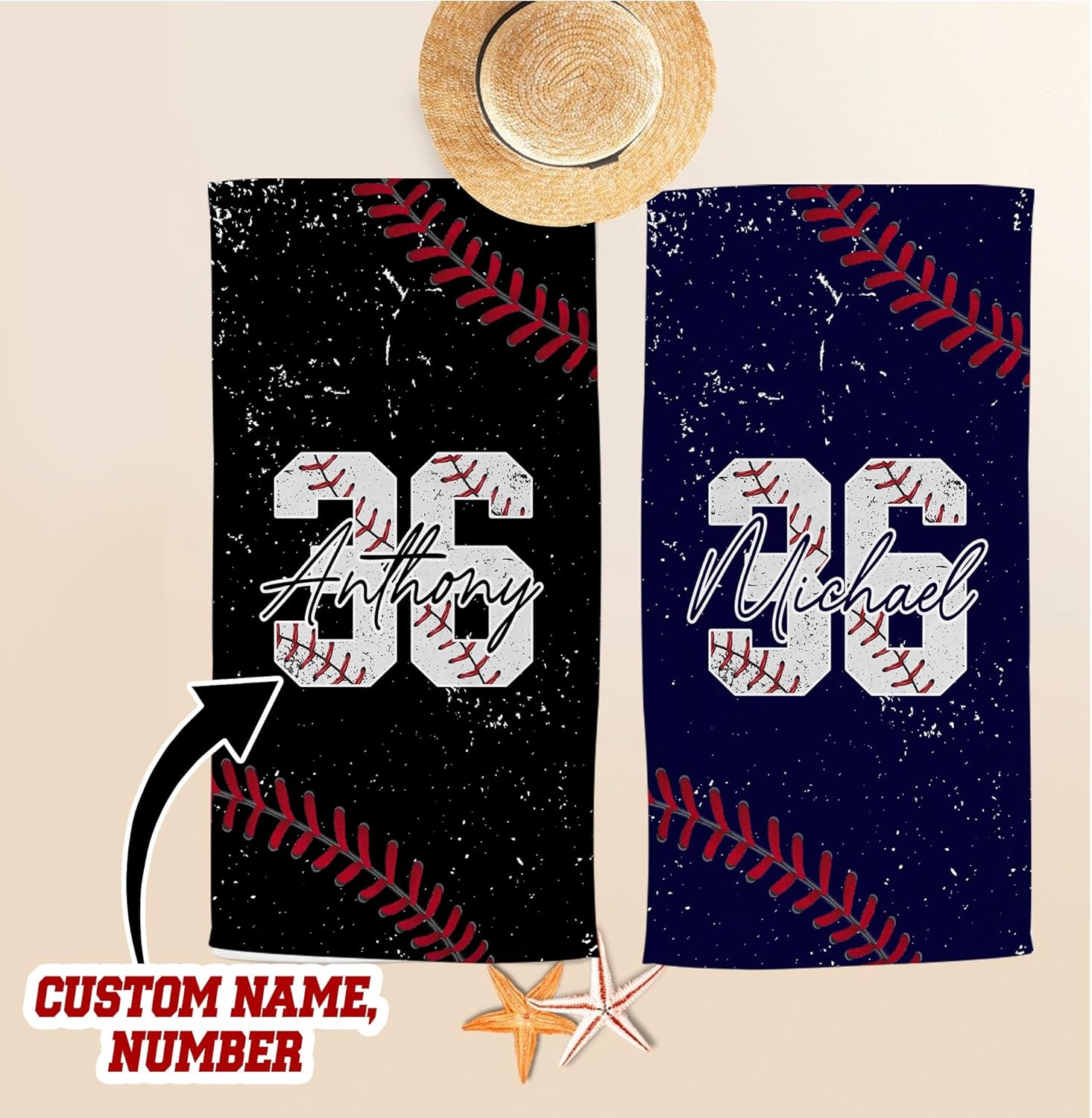 Personalized Baseball Beach Towel with Name and Number