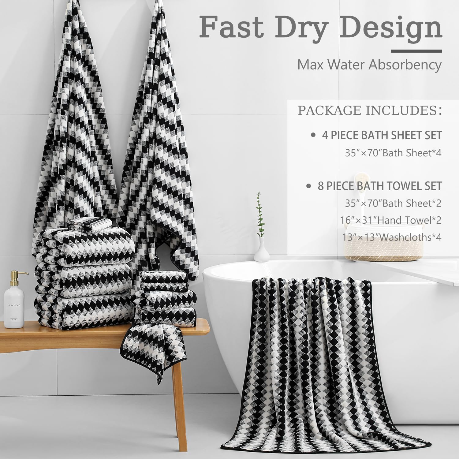 4 Piece Plush Bath Towel Set 35x70 Extra Large