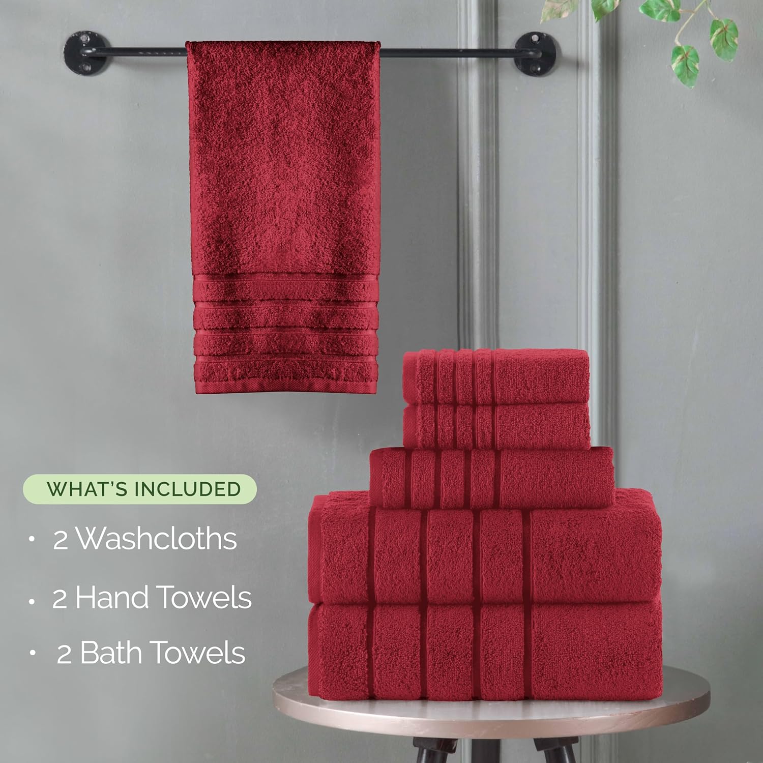 Elegant Comfort 4 Lines Viscose Stripe 6-Piece Towel Set - Burgundy 1