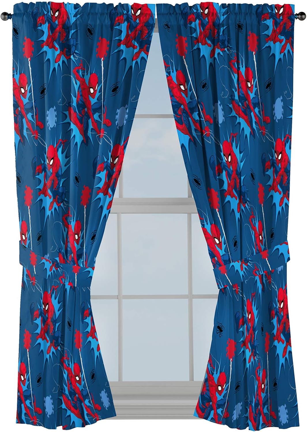 Jay Franco Spiderman Window Drapes - 4 Panels with Tiebacks 63 Inch Blue