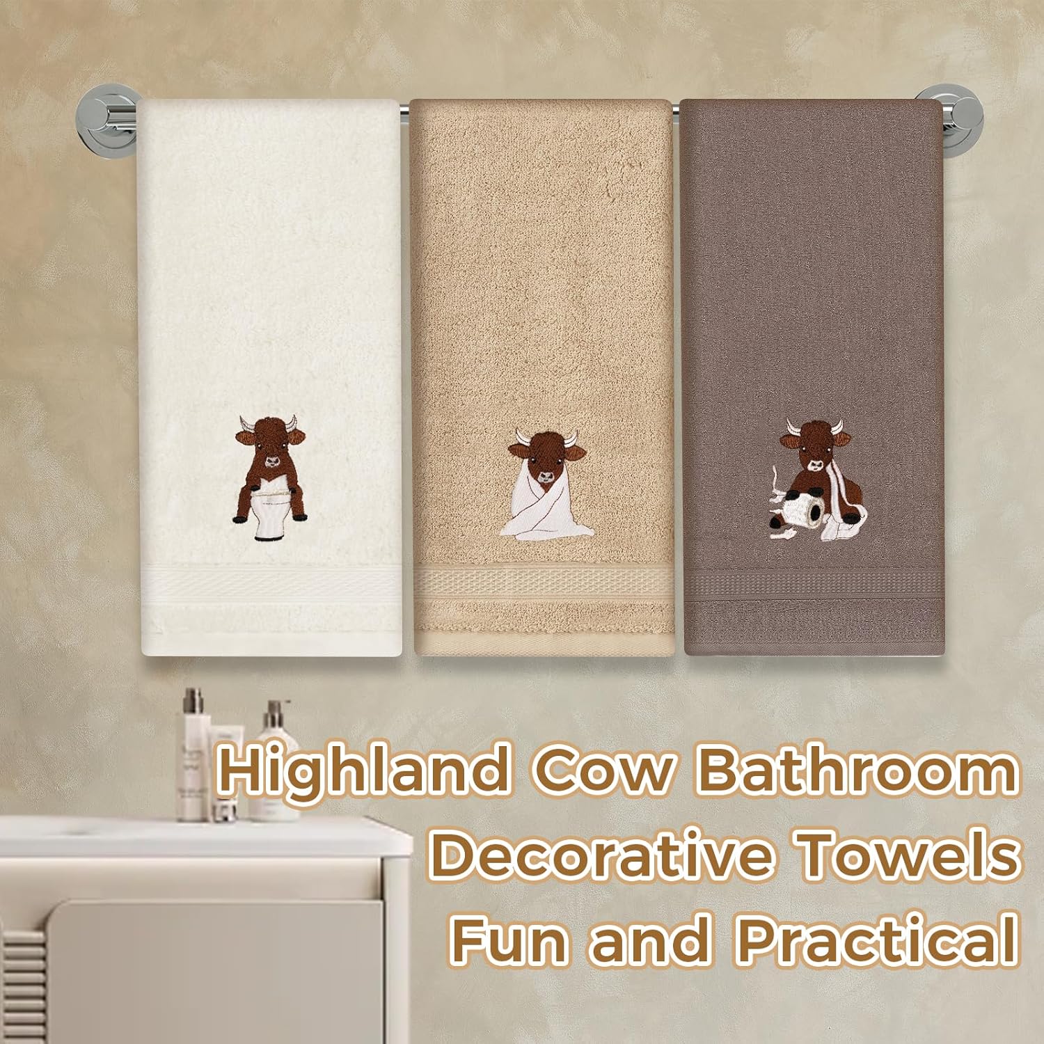 3 Pcs Highland Cow Decorative Hand Towels Set