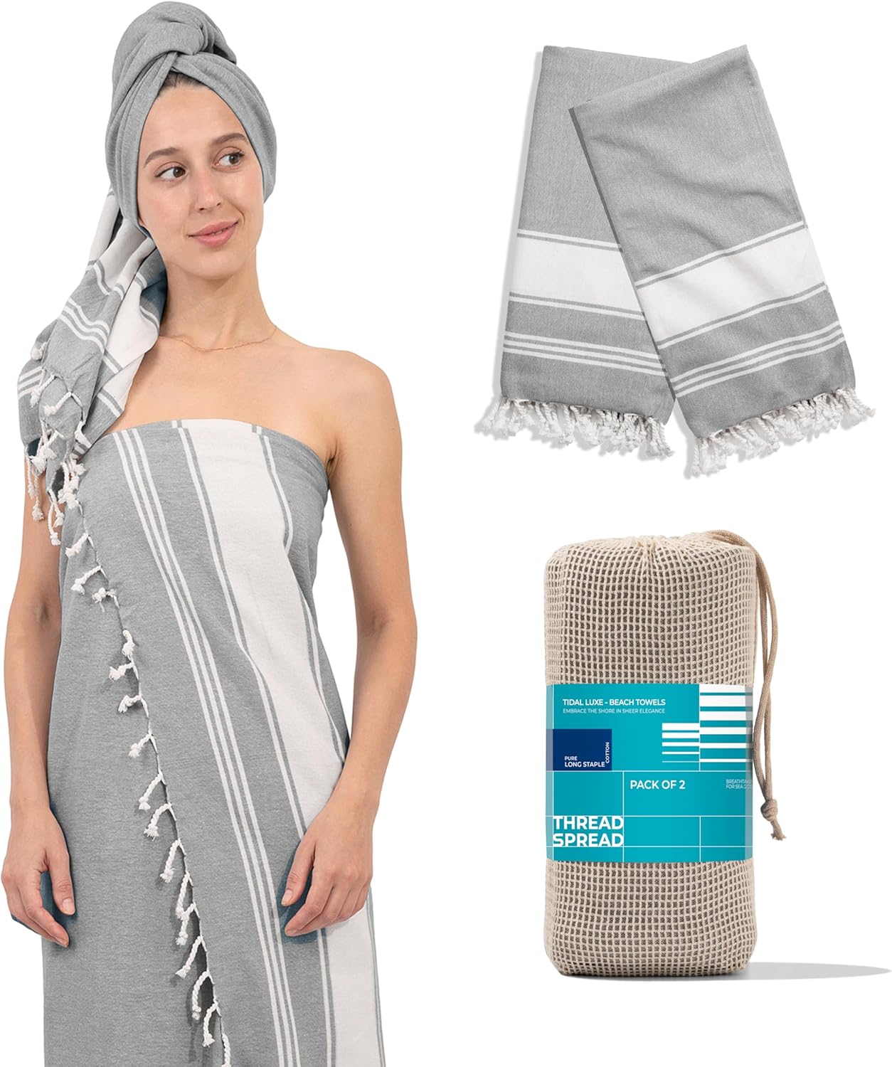 THREAD SPREAD Turkish Cotton Beach Towels 2 Pack - Grey Chambray 1