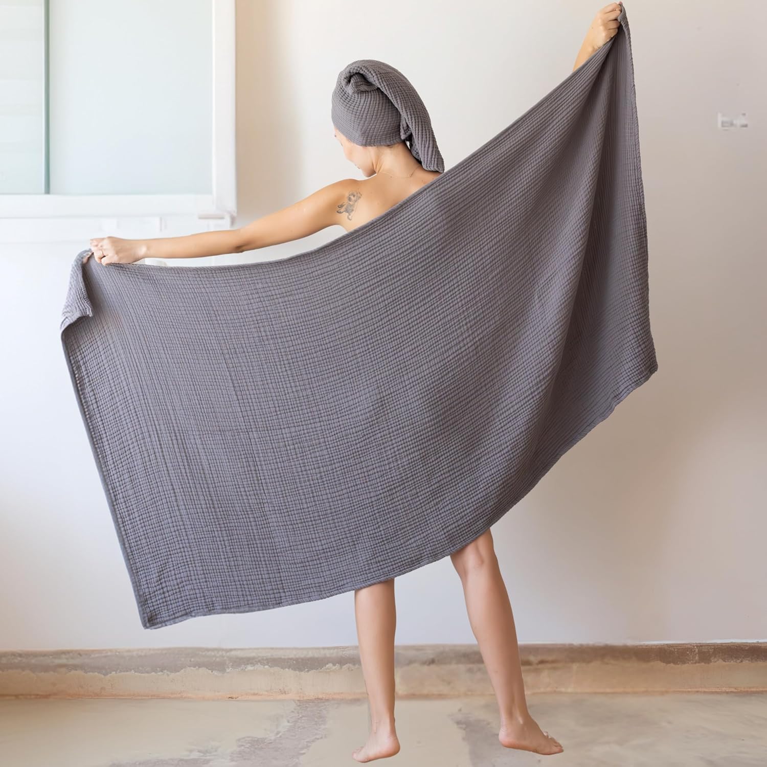Viva Maison Muslin Towel Set - 32x67 and 18x34 Inch Dark Gray