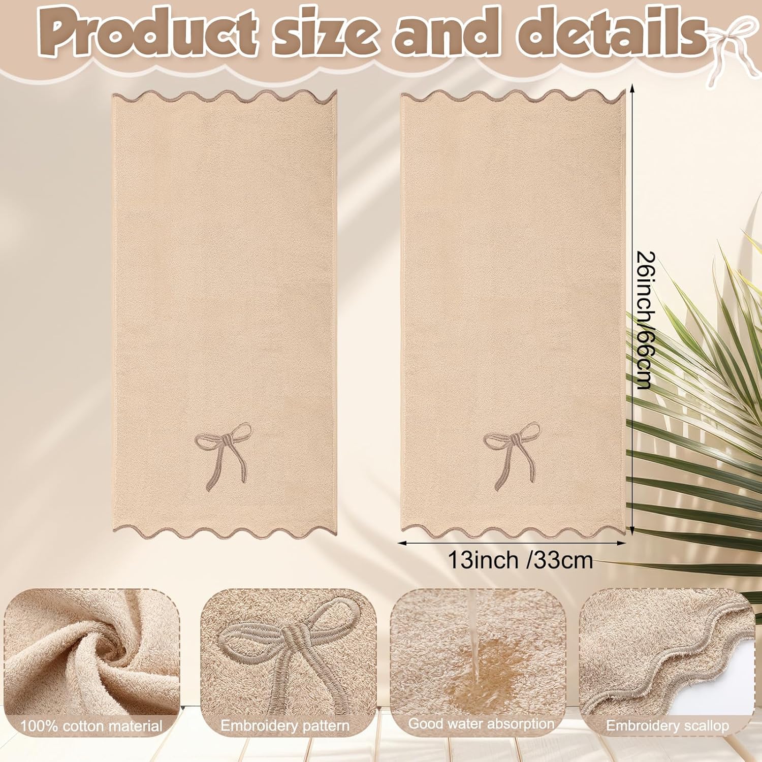 2 Pcs Brown Scalloped Embroidery Hand Towels