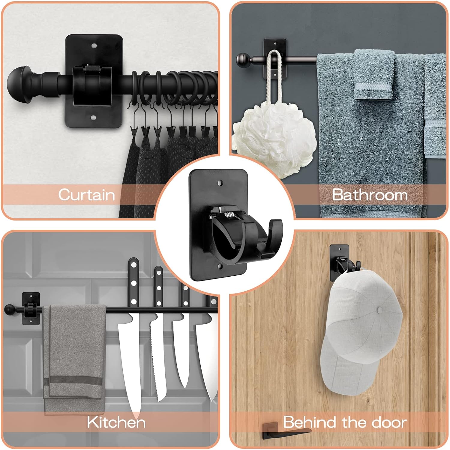 6 PCS Universal Curtain Rod Bracket Holder with 3M Adhesive Black