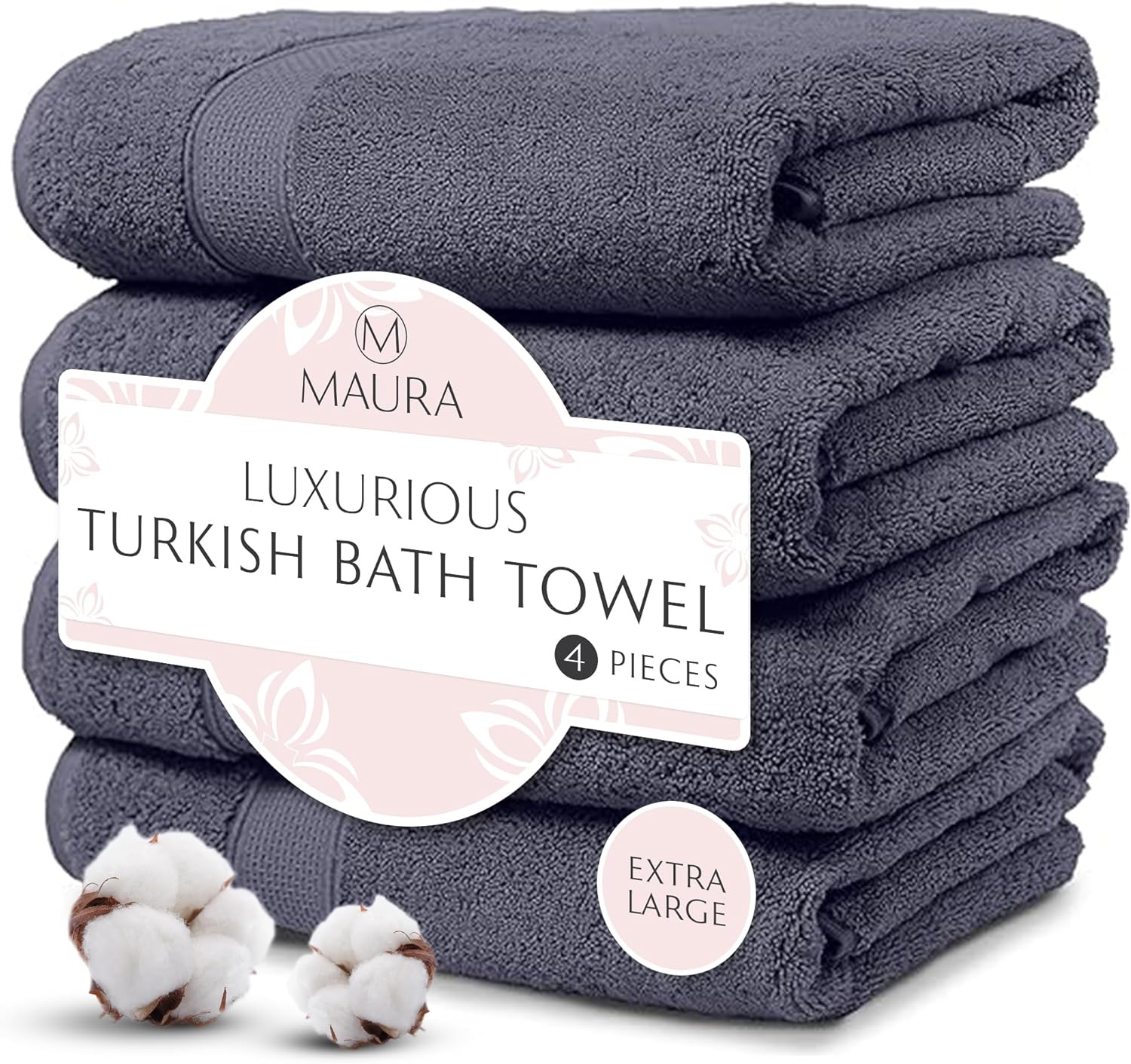 MAURA Indigo Blue Extra Large Turkish Cotton Bath Towel Set of 4