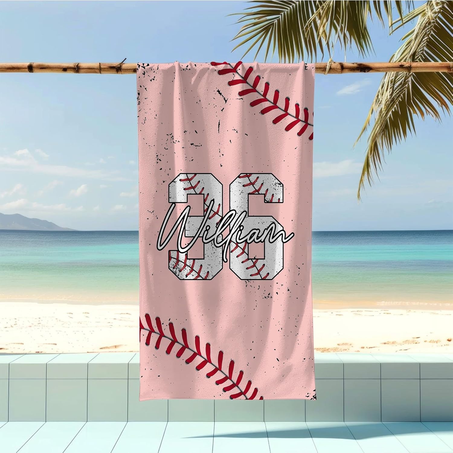 Personalized Baseball Beach Towel with Name and Number