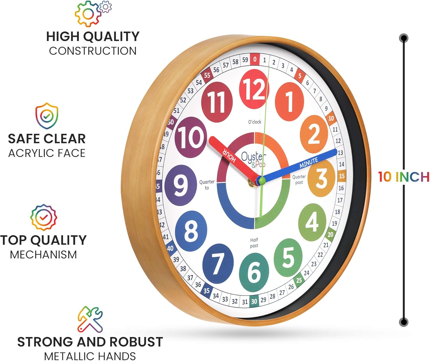 OysterPop Learning Clock for Kids - 10 Inch Silent Teaching Clock