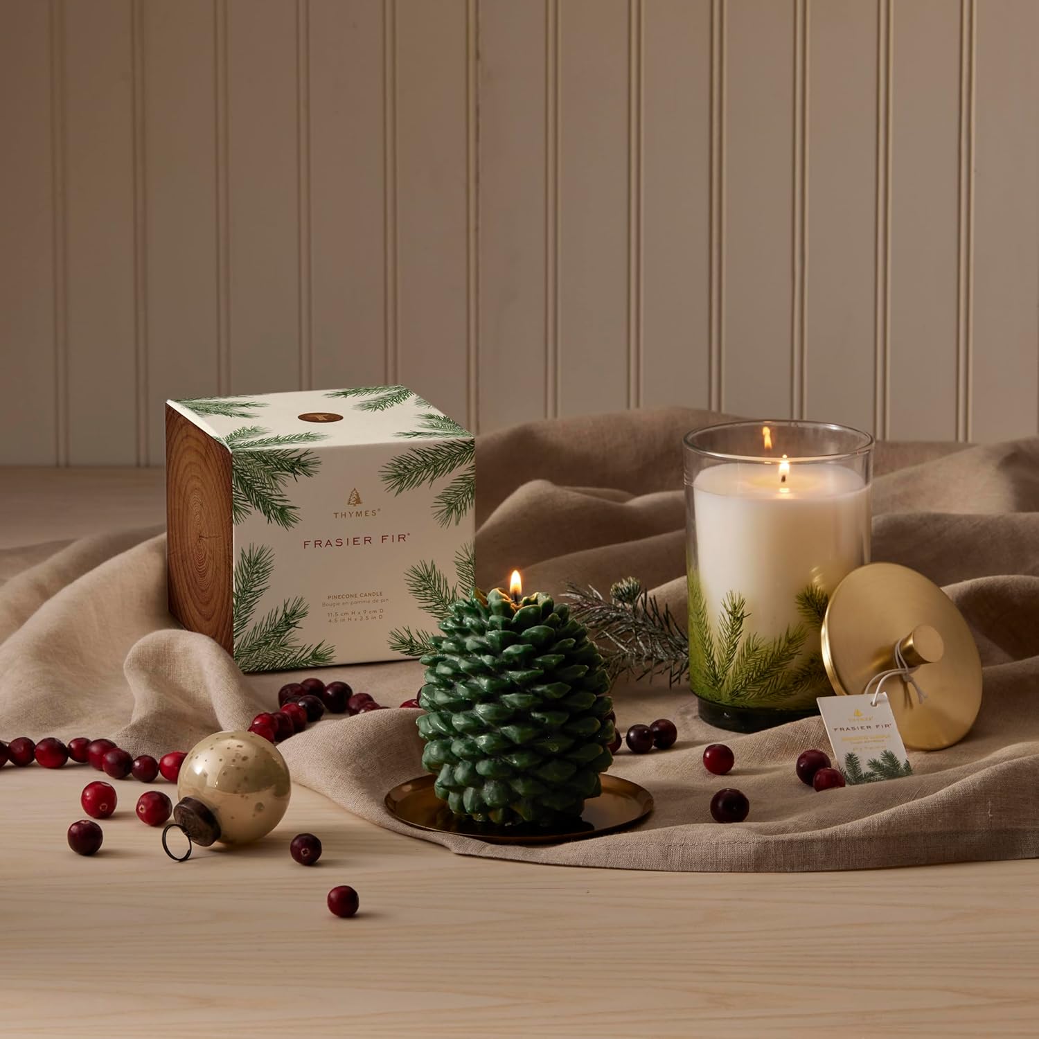 Thymes Frasier Fir Pinecone Candle - Green Pillar