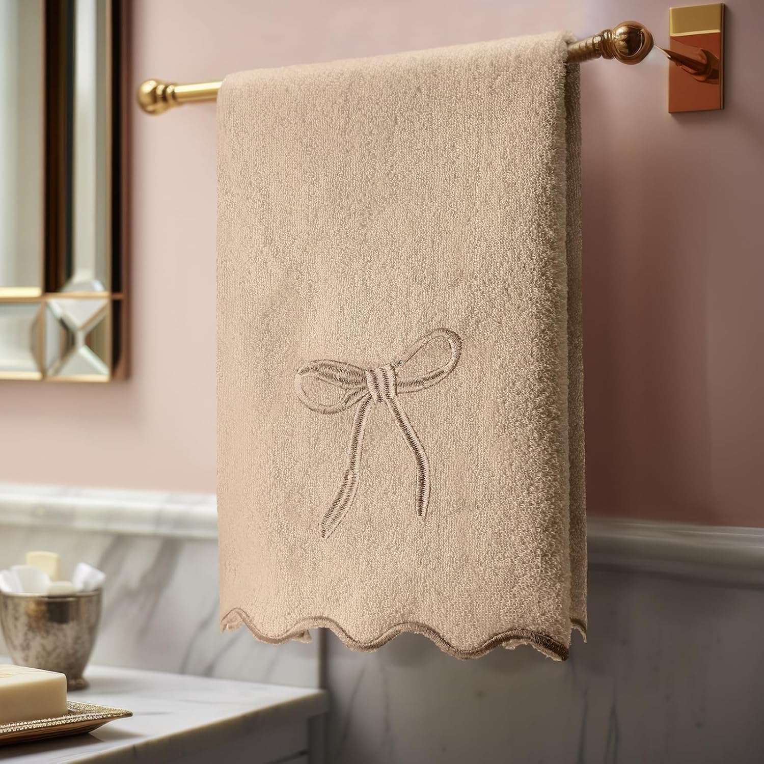 2 Pcs Brown Scalloped Embroidery Hand Towels