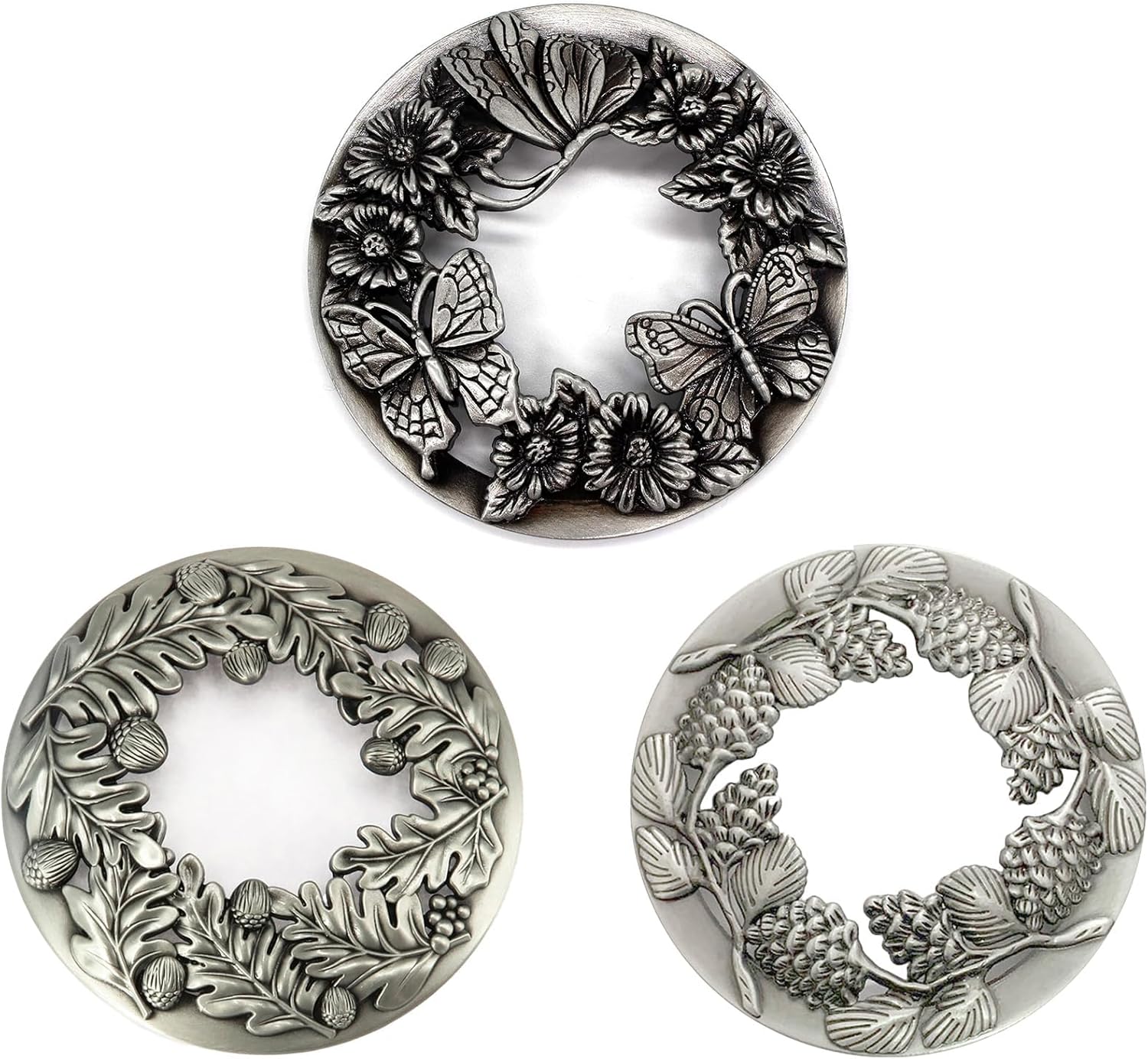 Antique Silver Candle Toppers Set of 3 - Leaves Pinecones Butterflies with Flowers