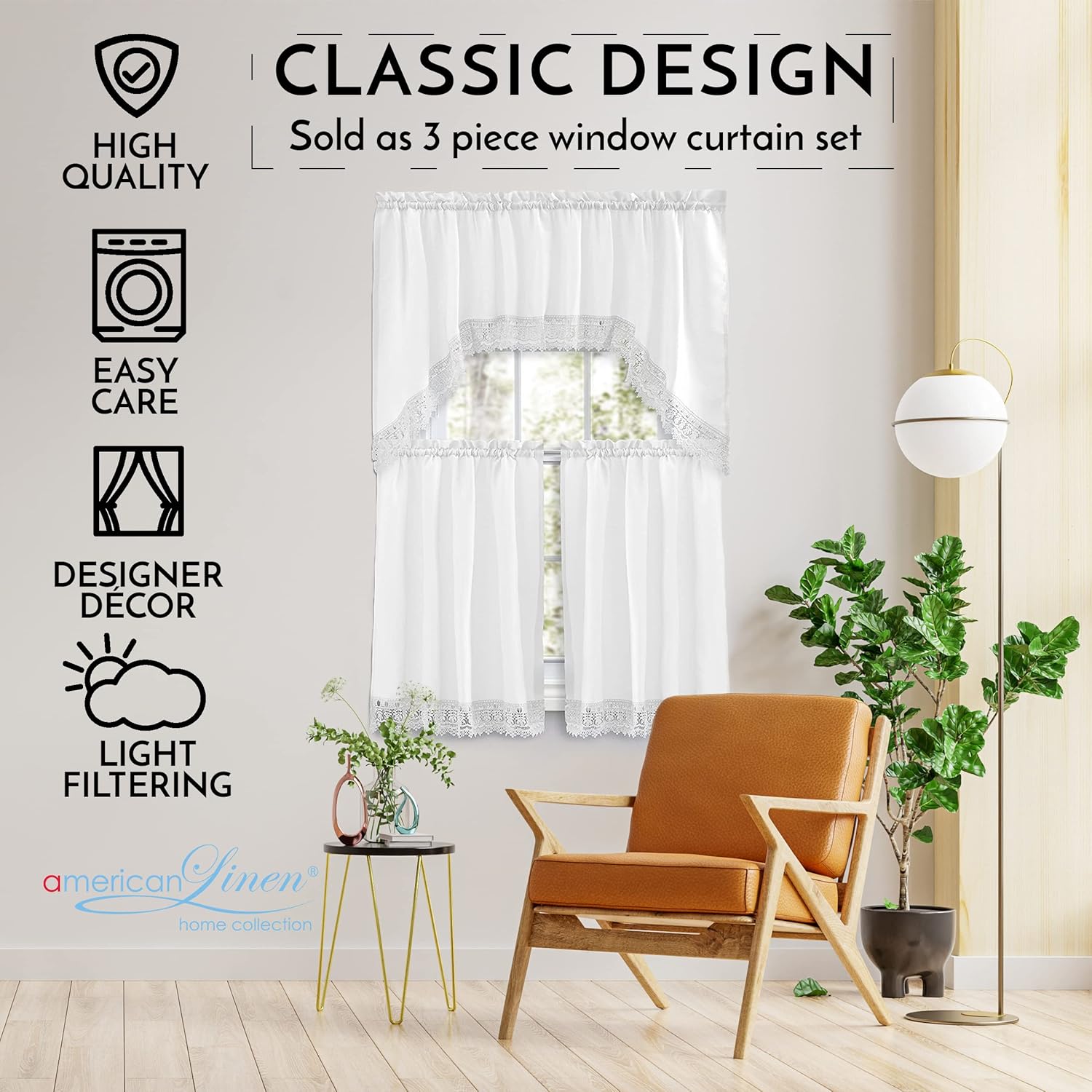 American Linen 3-Piece Caf Curtains with Valance and Lace Border