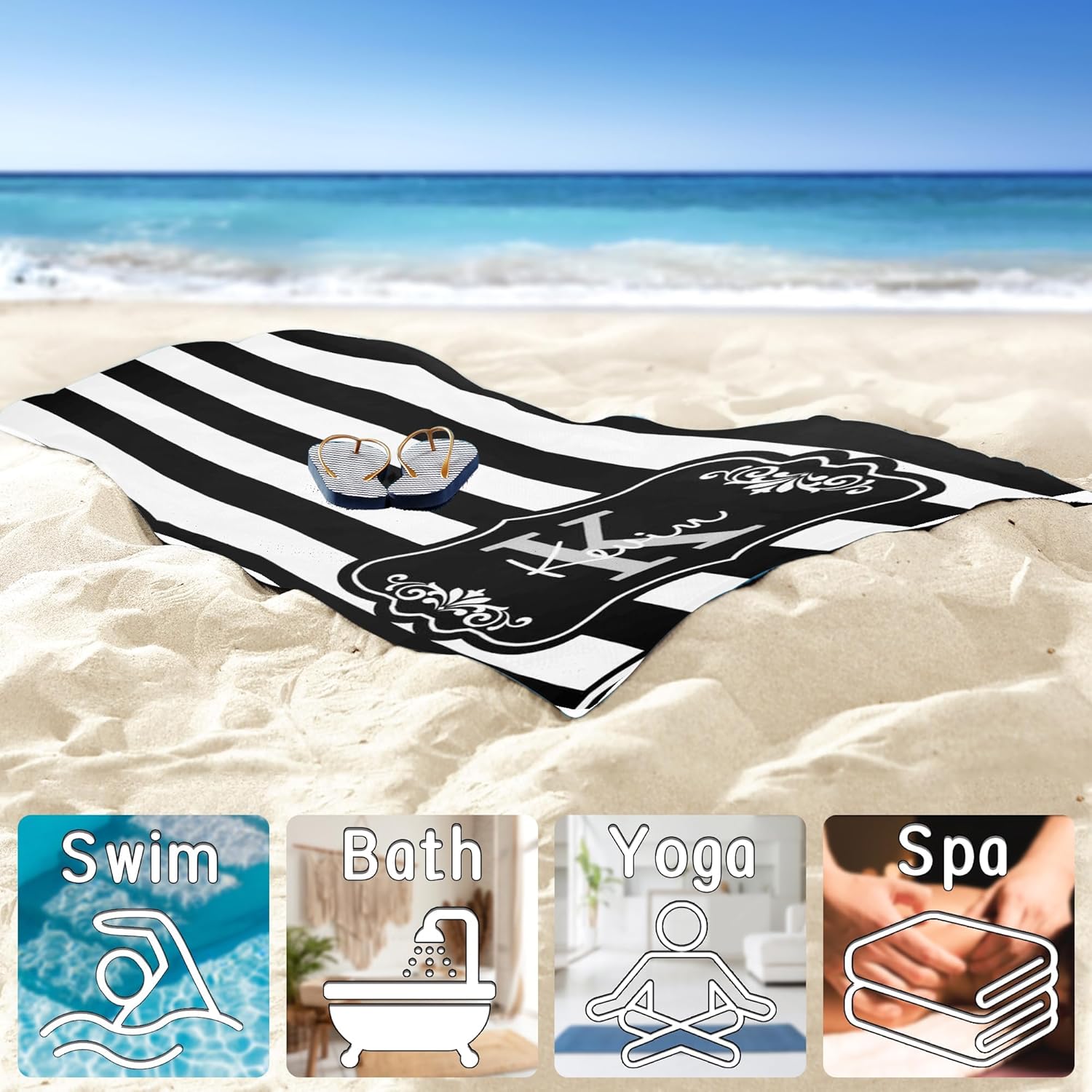 Custom Beach Towel with Name Striped Microfiber 31x71 Inch