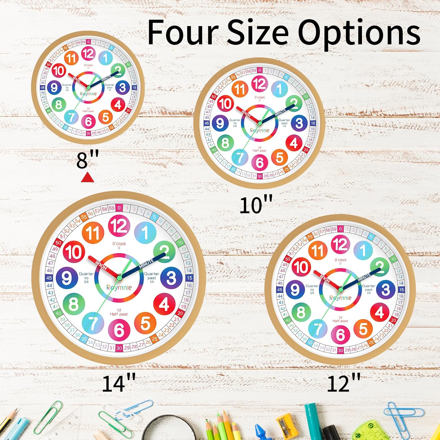 Roymnie Learning Clock for Kids 8 Inch Silent Non-Ticking