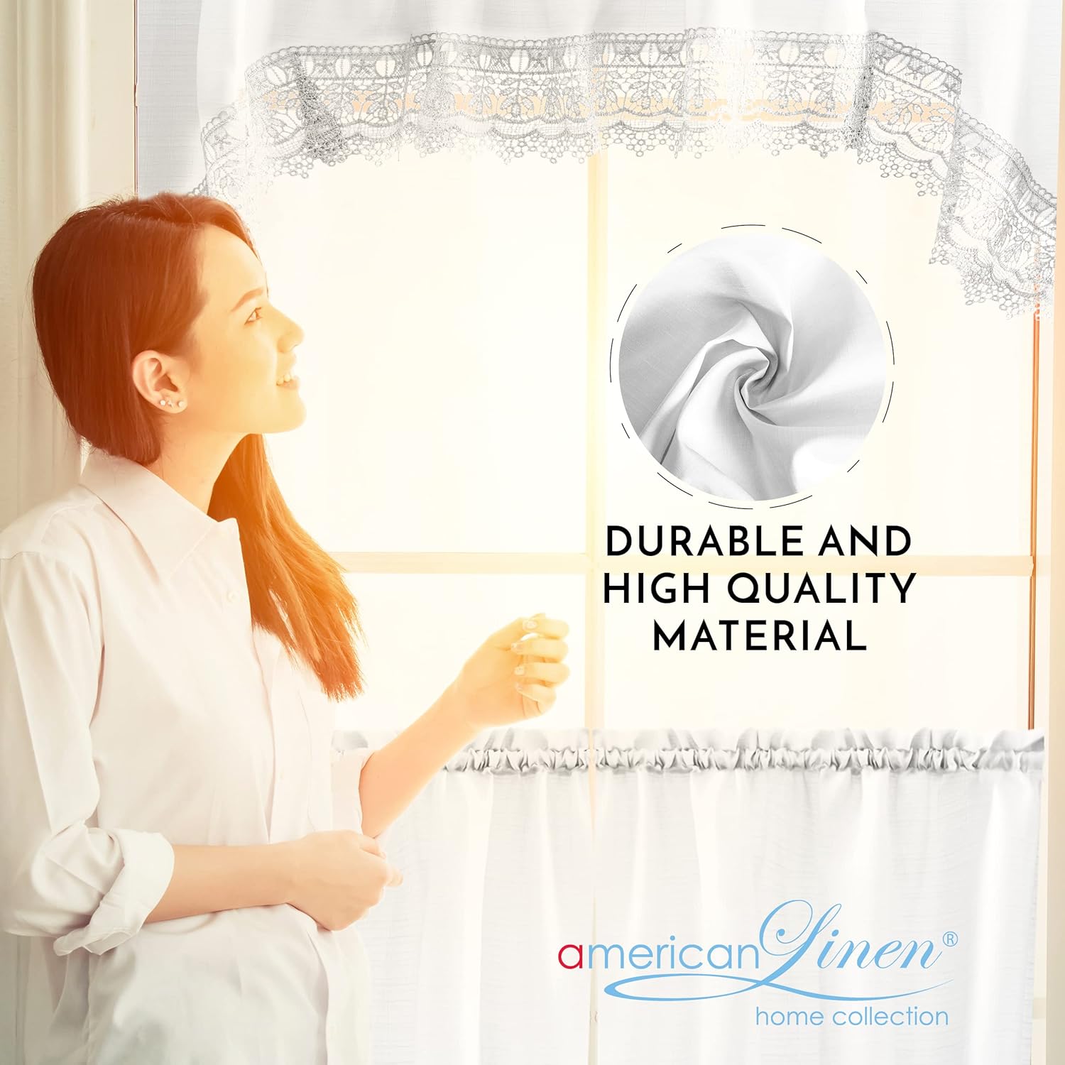 American Linen 3-Piece Caf Curtains with Valance and Lace Border