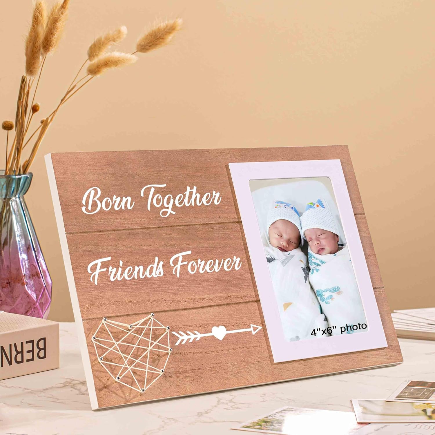 Unique Twin Baby Wooden Photo Frame with Heart
