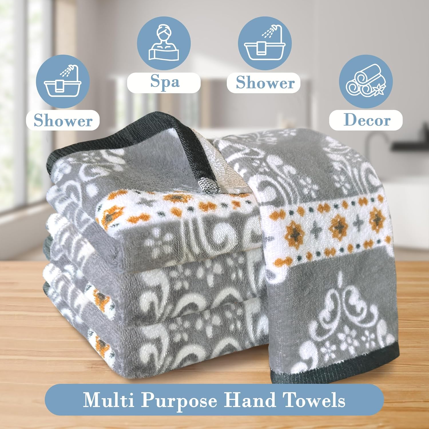 VOOVA MOVAS 4 Pack Gray Hand Towels with Damask Print