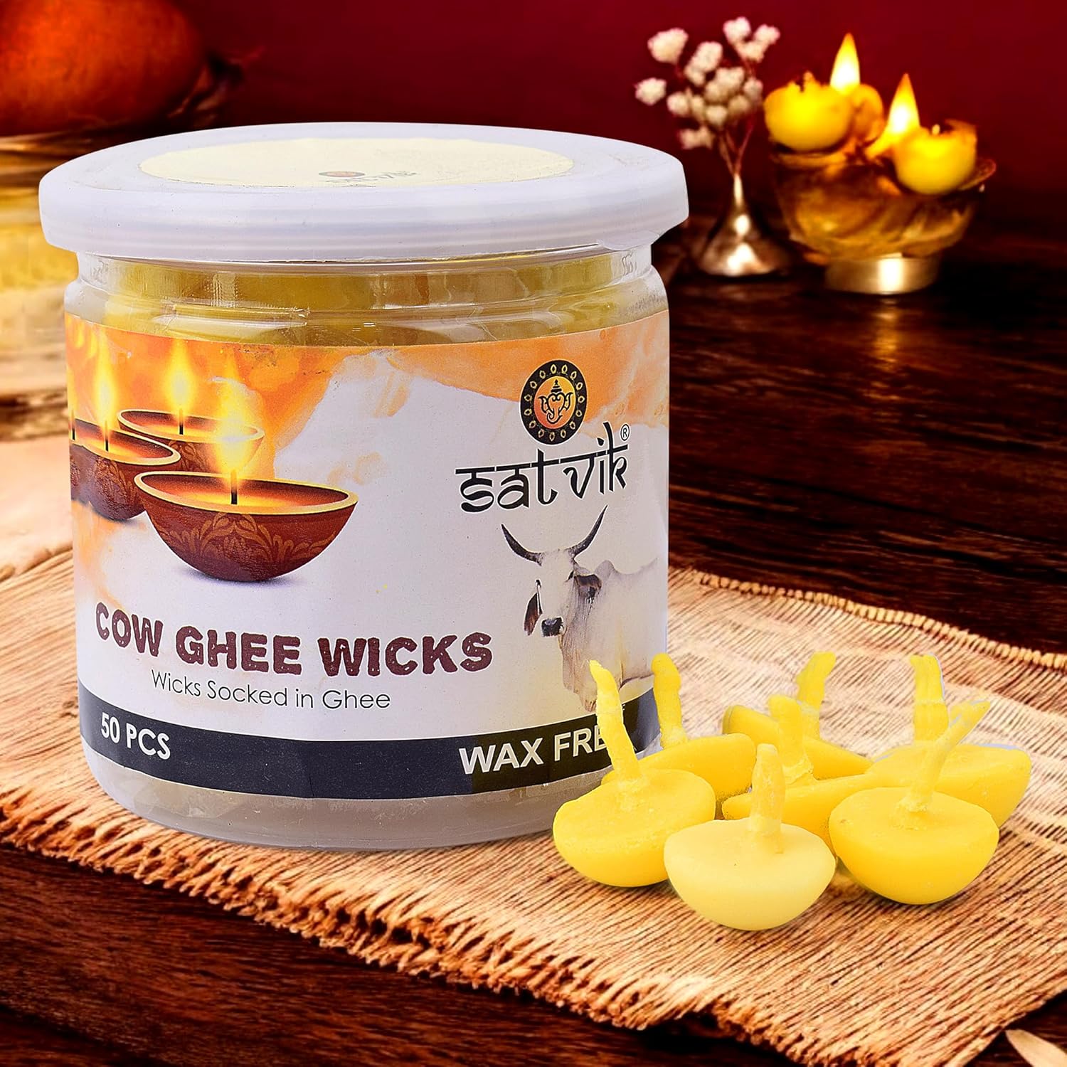 Craftsman Pure Cow Ghee Wicks for Puja - 50 Piece Jar
