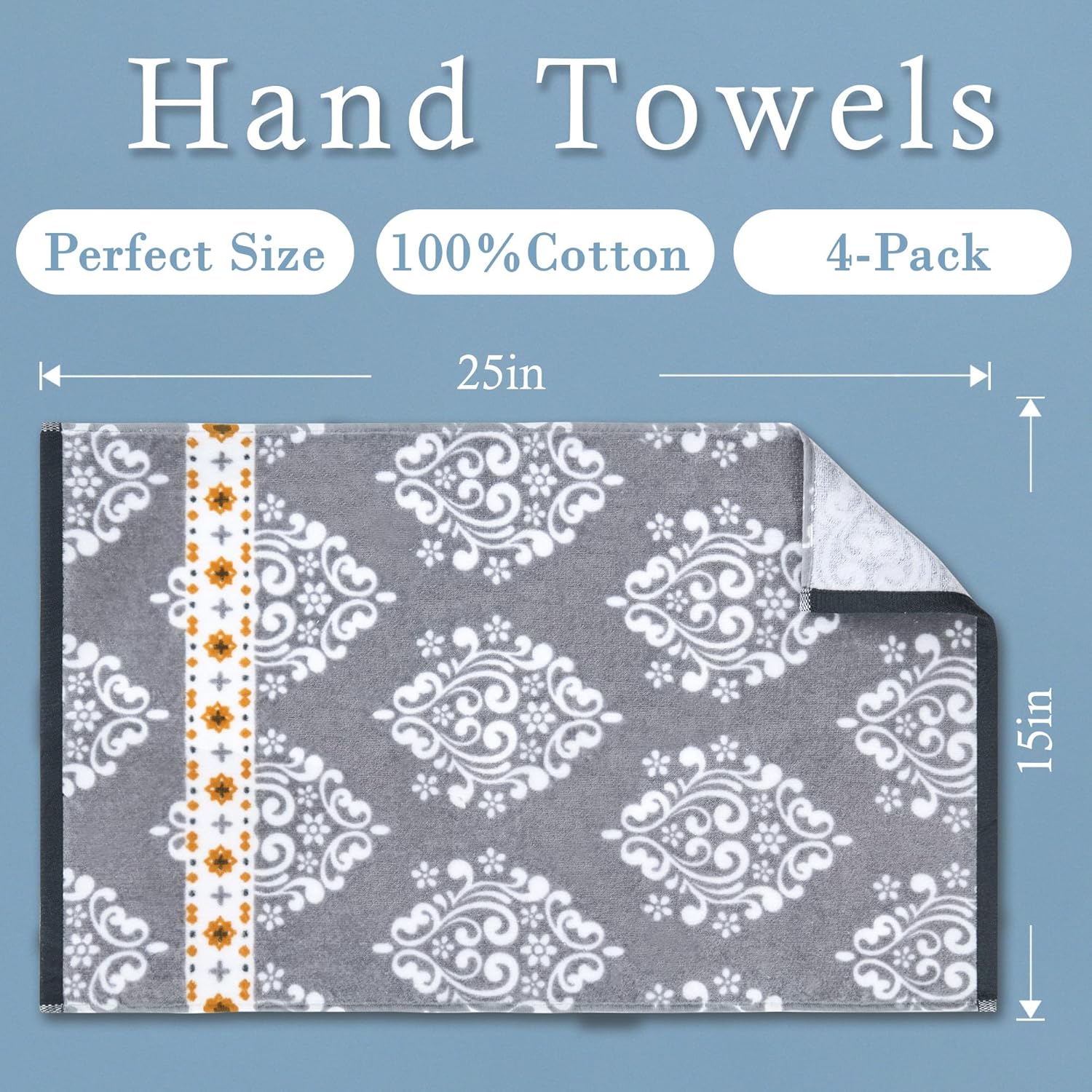 VOOVA MOVAS 4 Pack Gray Hand Towels with Damask Print
