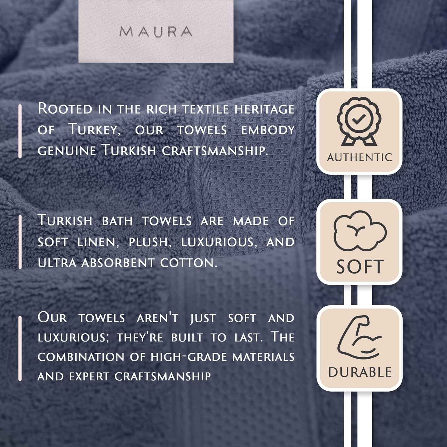 MAURA Indigo Blue Extra Large Turkish Cotton Bath Towel Set of 4
