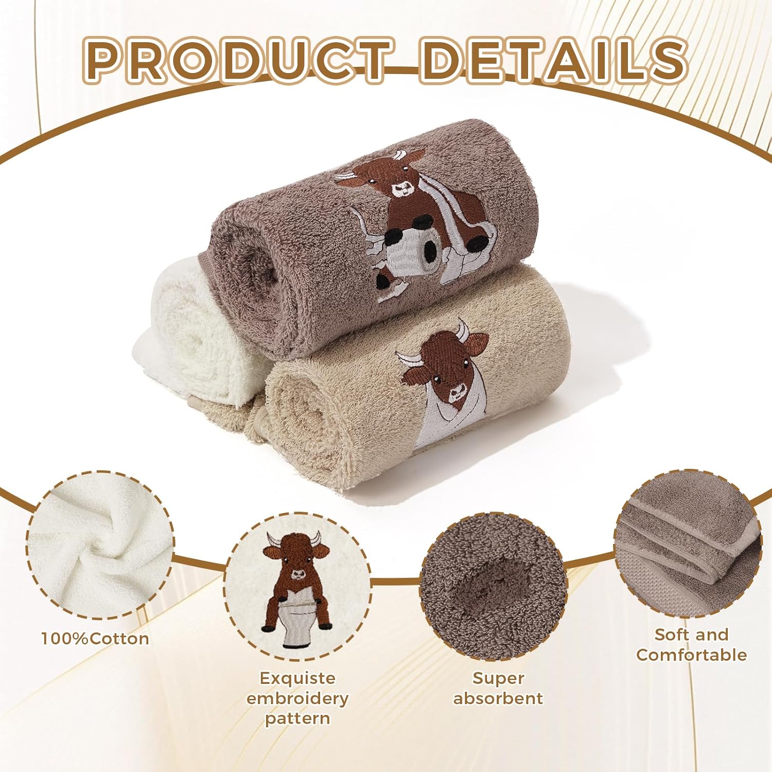3 Pcs Highland Cow Decorative Hand Towels Set