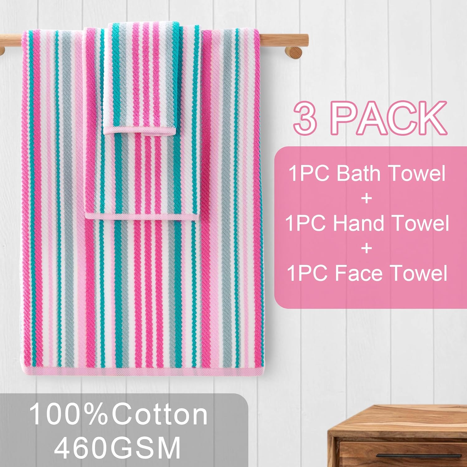 Pink Soft Towel Set 3 Piece 100 Cotton