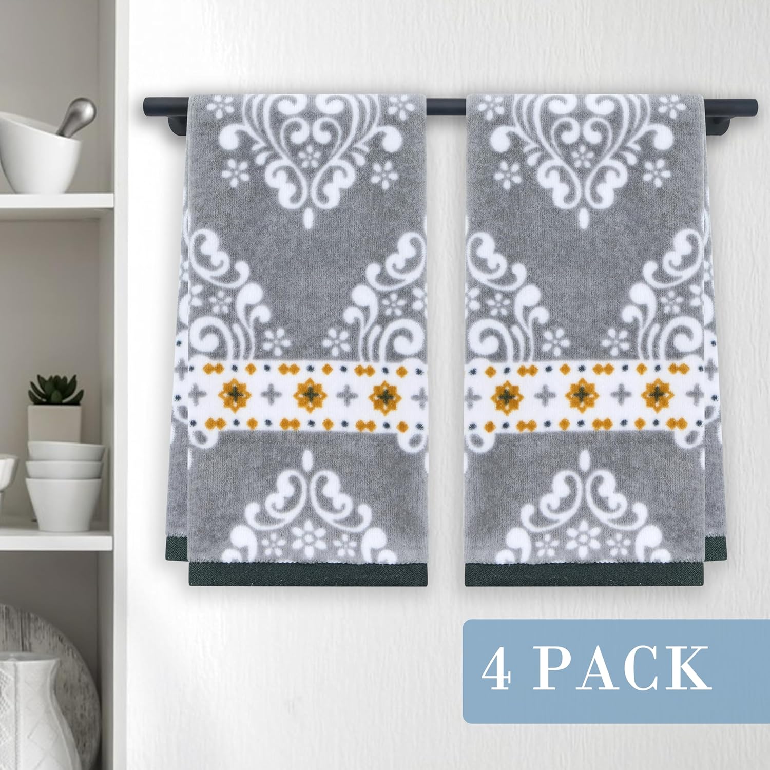 VOOVA MOVAS 4 Pack Gray Hand Towels with Damask Print