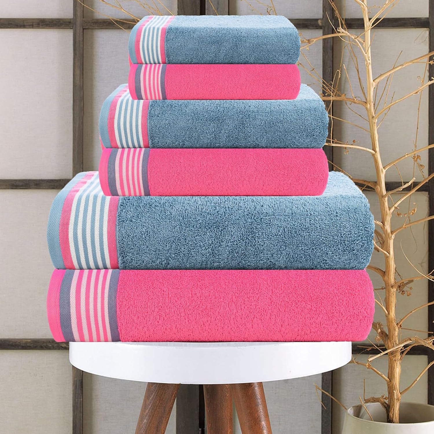 CASA COPENHAGEN He She 6-Piece Towel Set - Dusty Blue Pink 1